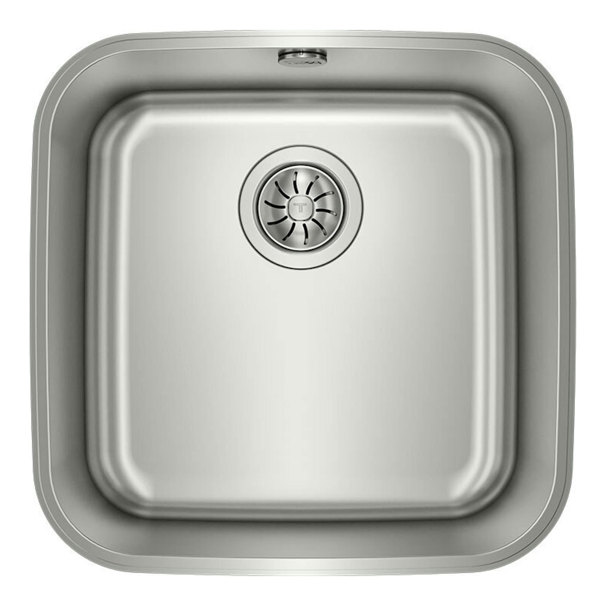 Fregadero Teka BE 40.40 Plus de acero inoxidable, vista superior, cubeta cuadrada con desagüe central.