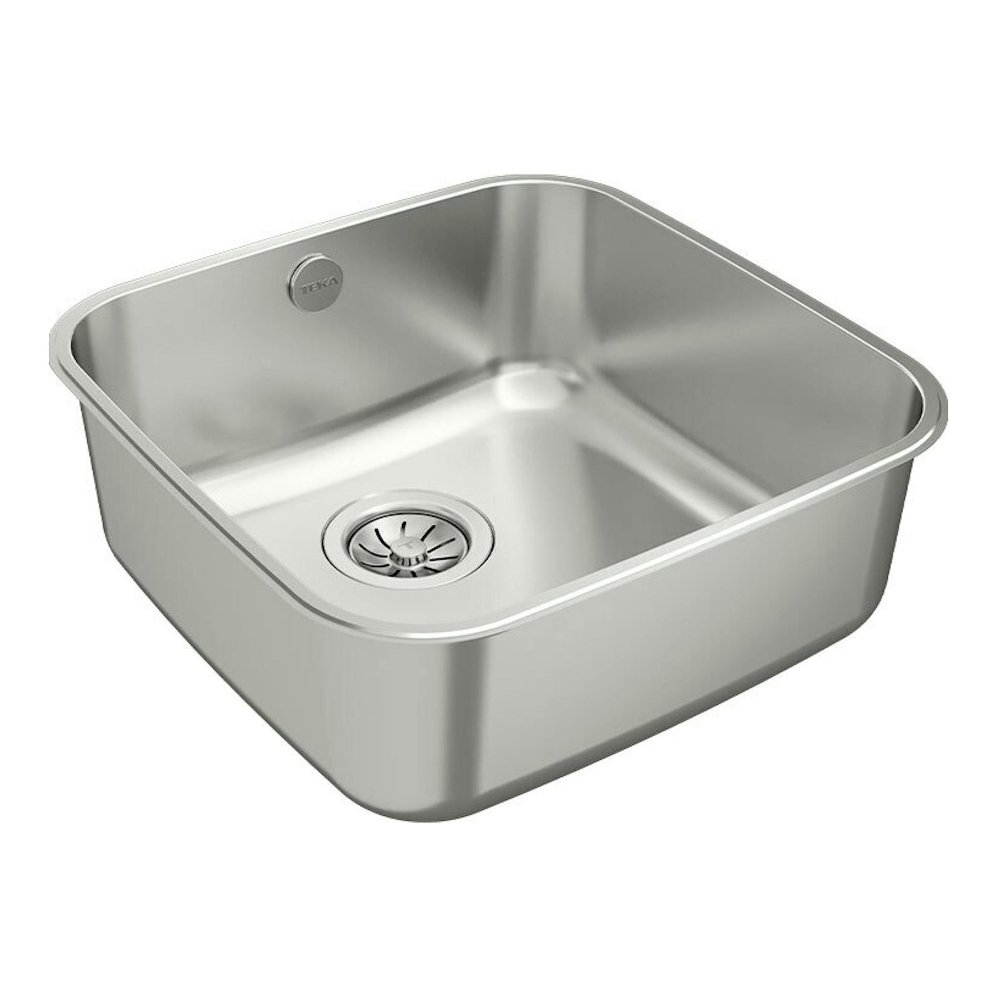 Fregadero Teka BE 40.40 de acero inoxidable, vista en ángulo con cubeta cuadrada y desagüe.