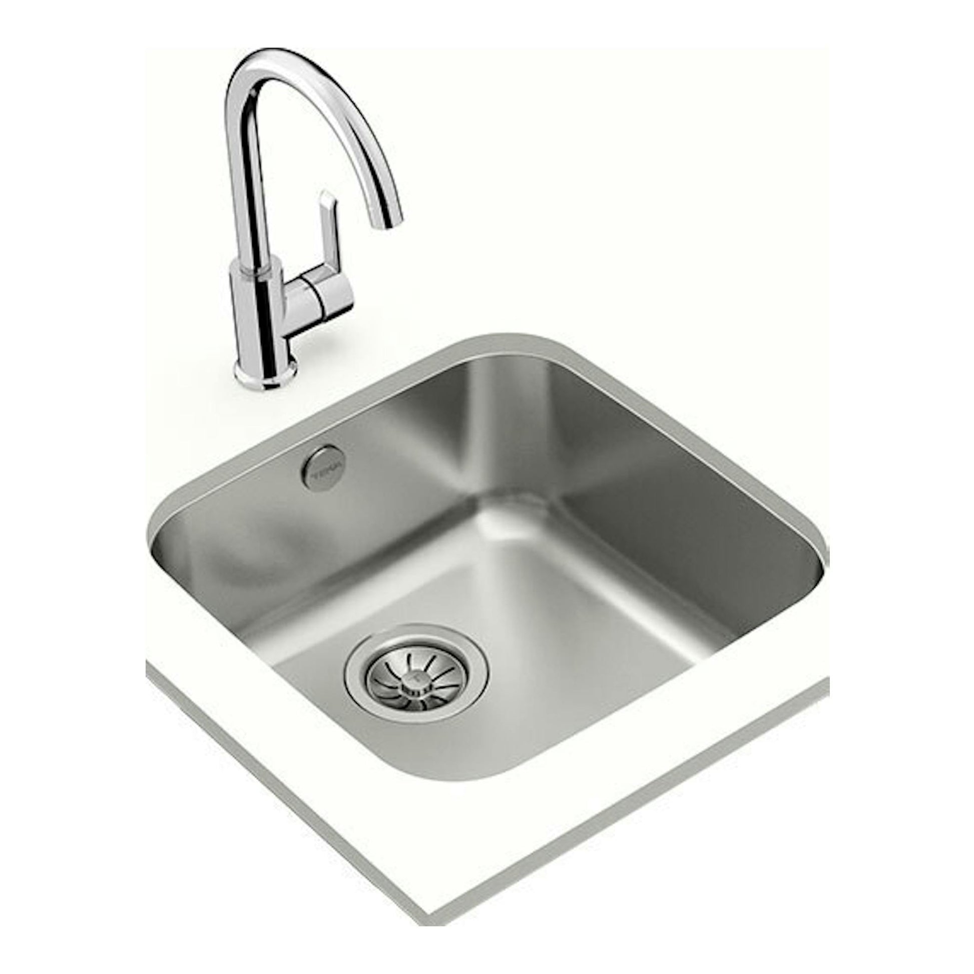 Fregadero Teka BE 40.40 Inox de acero inoxidable, vista superior inclinada, con grifo y desagüe.