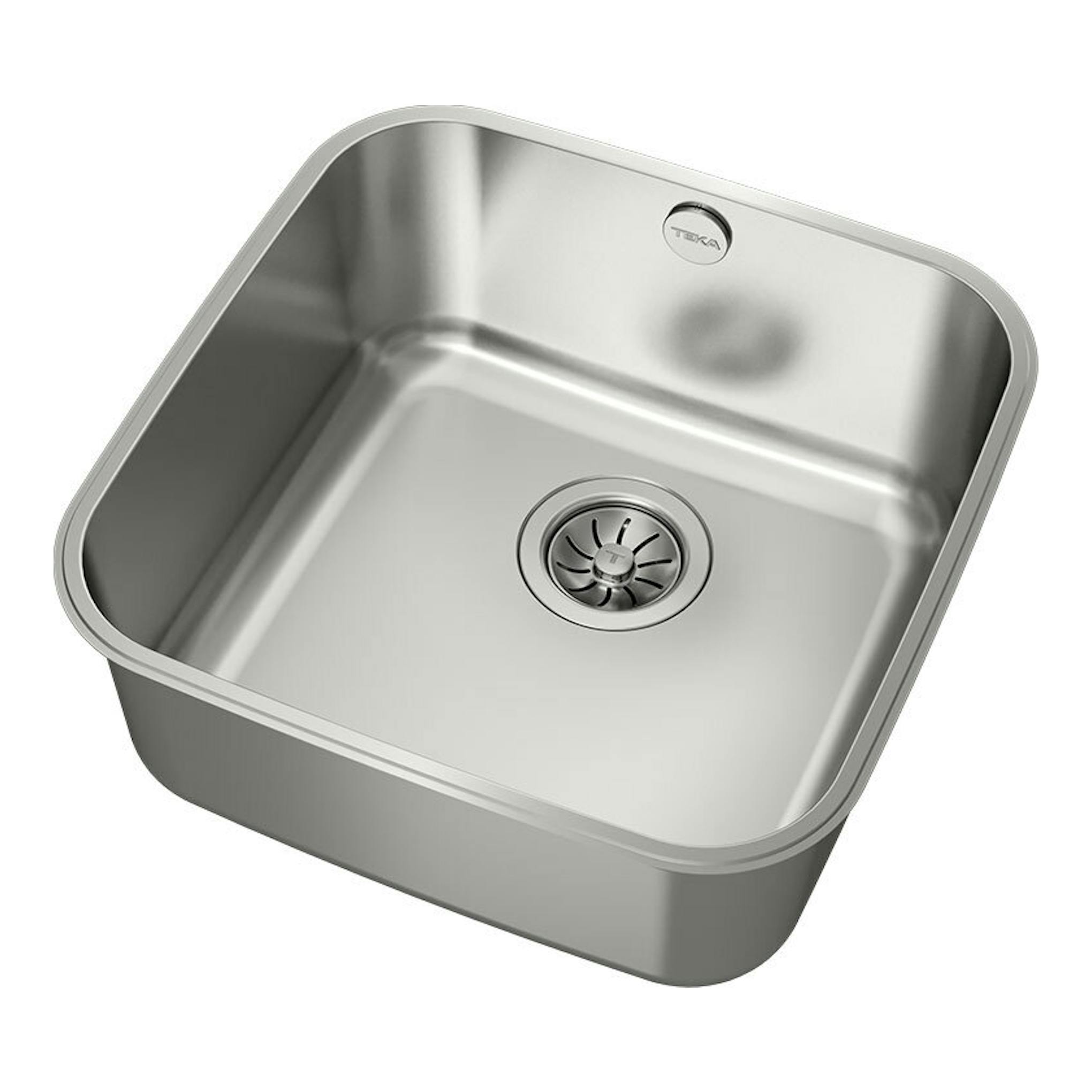 Fregadero Teka BE 40.40 Plus de acero inoxidable, vista en ángulo con cubeta cuadrada y desagüe central.