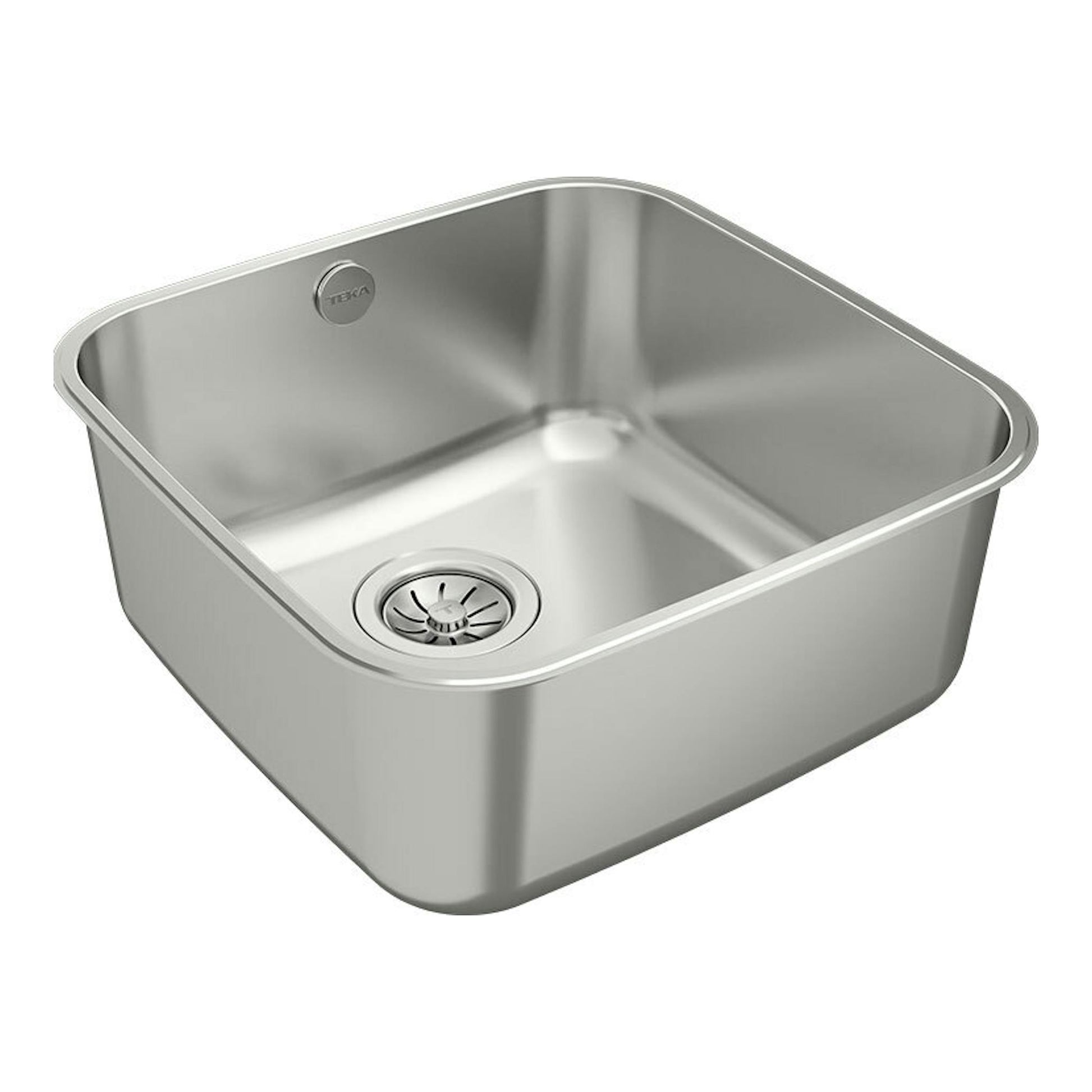 Fregadero Teka BE 40.40 Plus de acero inoxidable, vista 3/4, seno cuadrado y desagüe visible.