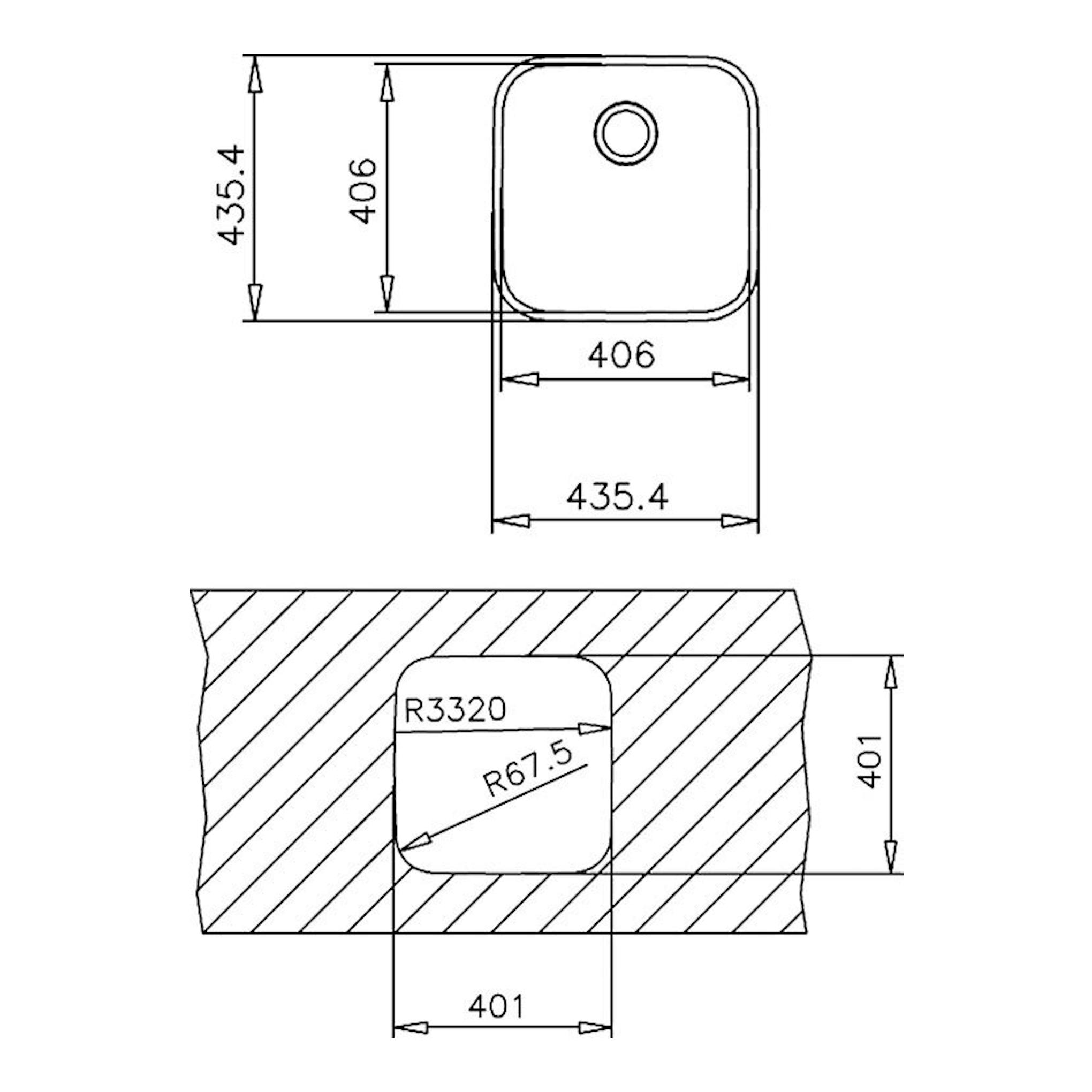 Dibujo técnico del fregadero Teka BE 40.40 Inox, vista superior y corte, con medidas.