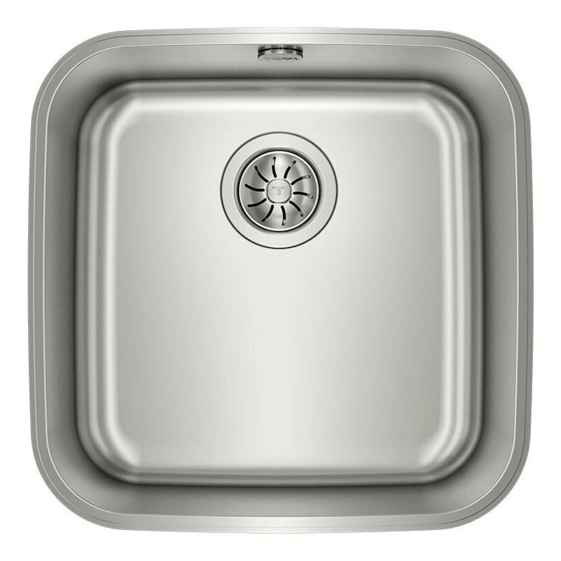 Fregadero Teka BE 40.40 Inox de acero inoxidable, vista superior, cubeta cuadrada con desagüe central.