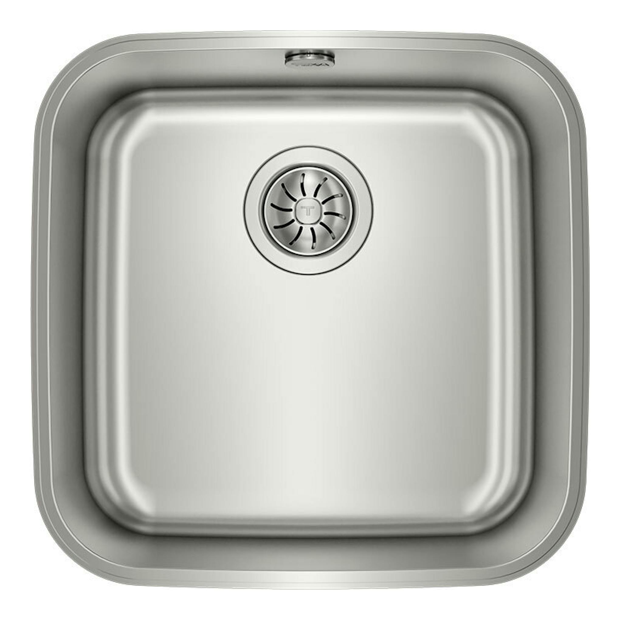 Fregadero Teka BE 40.40 Inox de acero inoxidable, vista superior, cubeta cuadrada con desagüe central.