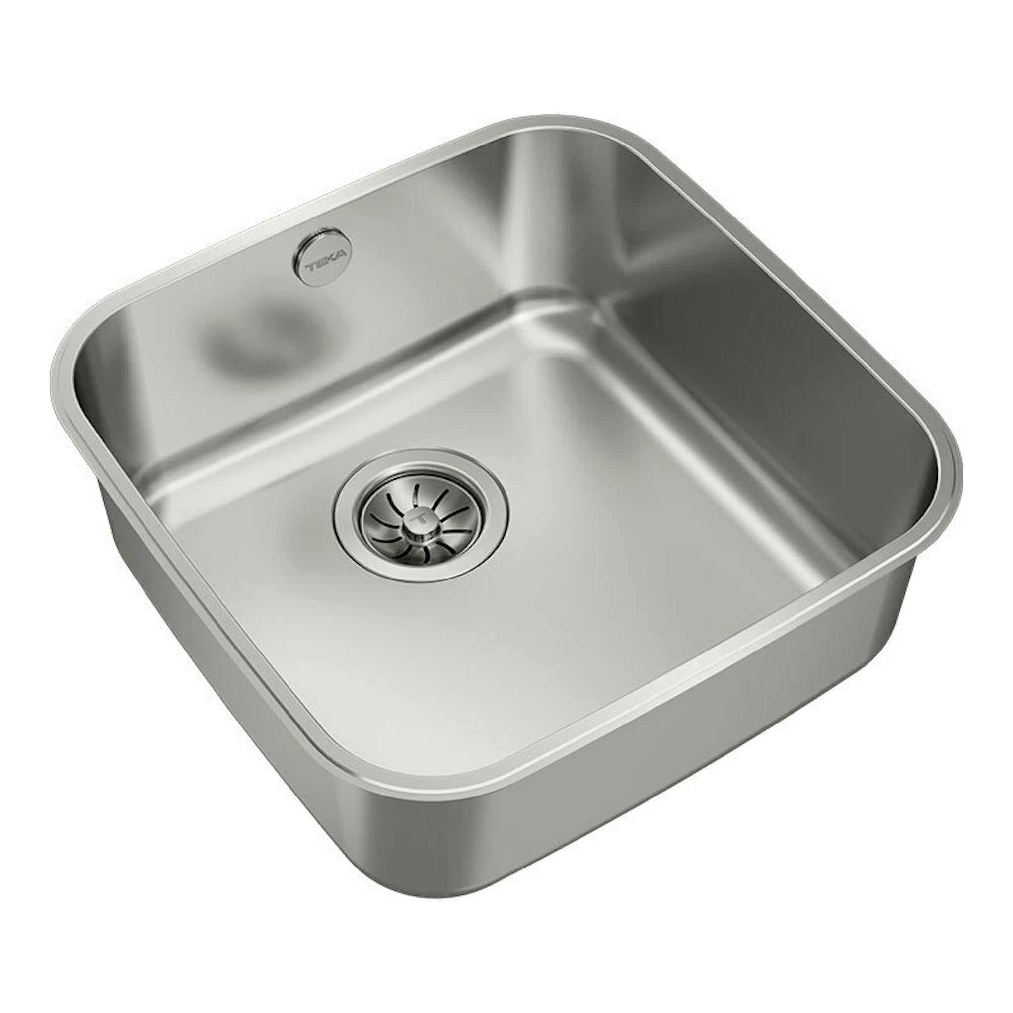 Fregadero Teka BE 40.40 Inox, vista superior en ángulo, acero inoxidable con desagüe central.