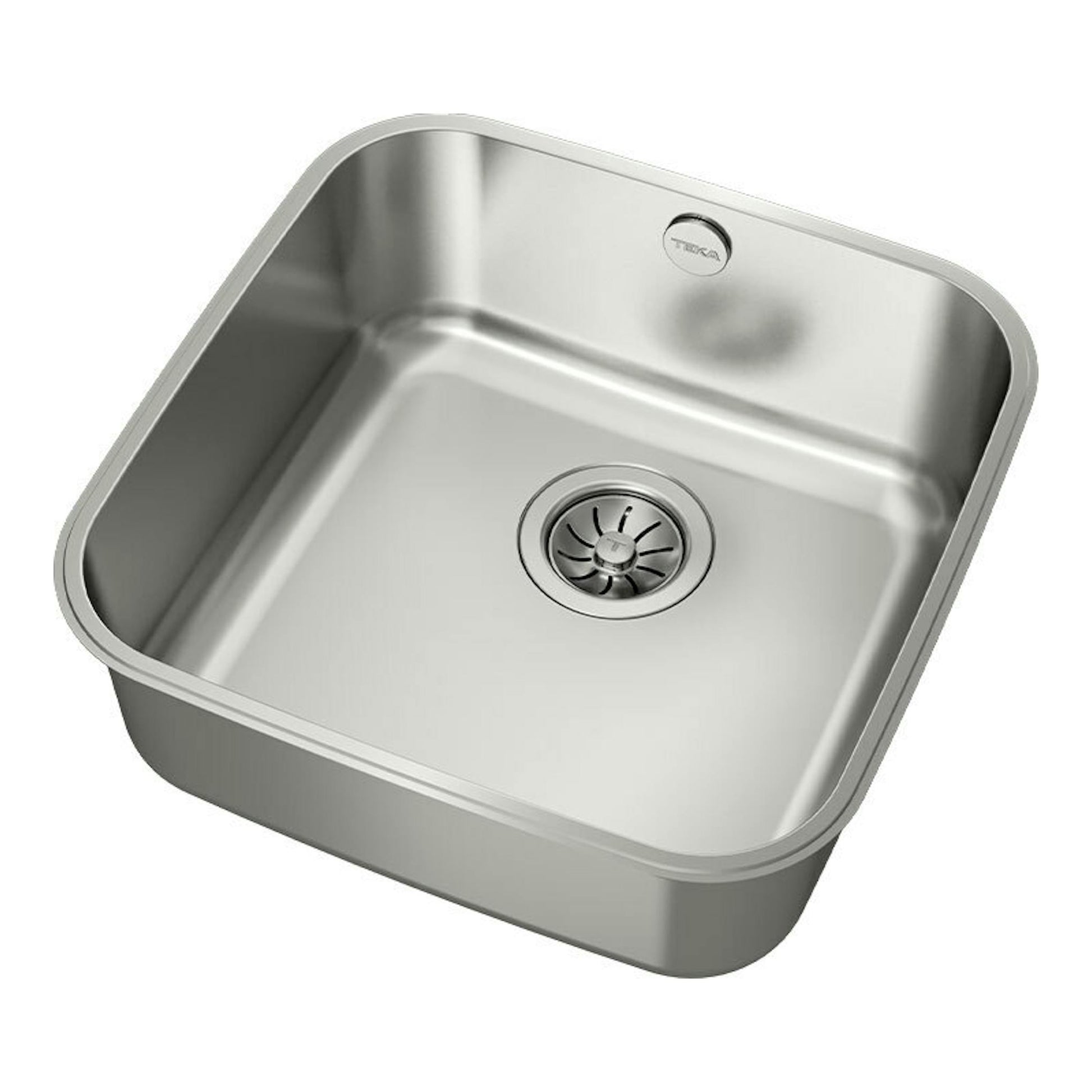 Fregadero Teka BE 40.40 inox, vista en ángulo, cubeta cuadrada de acero inoxidable con desagüe central.
