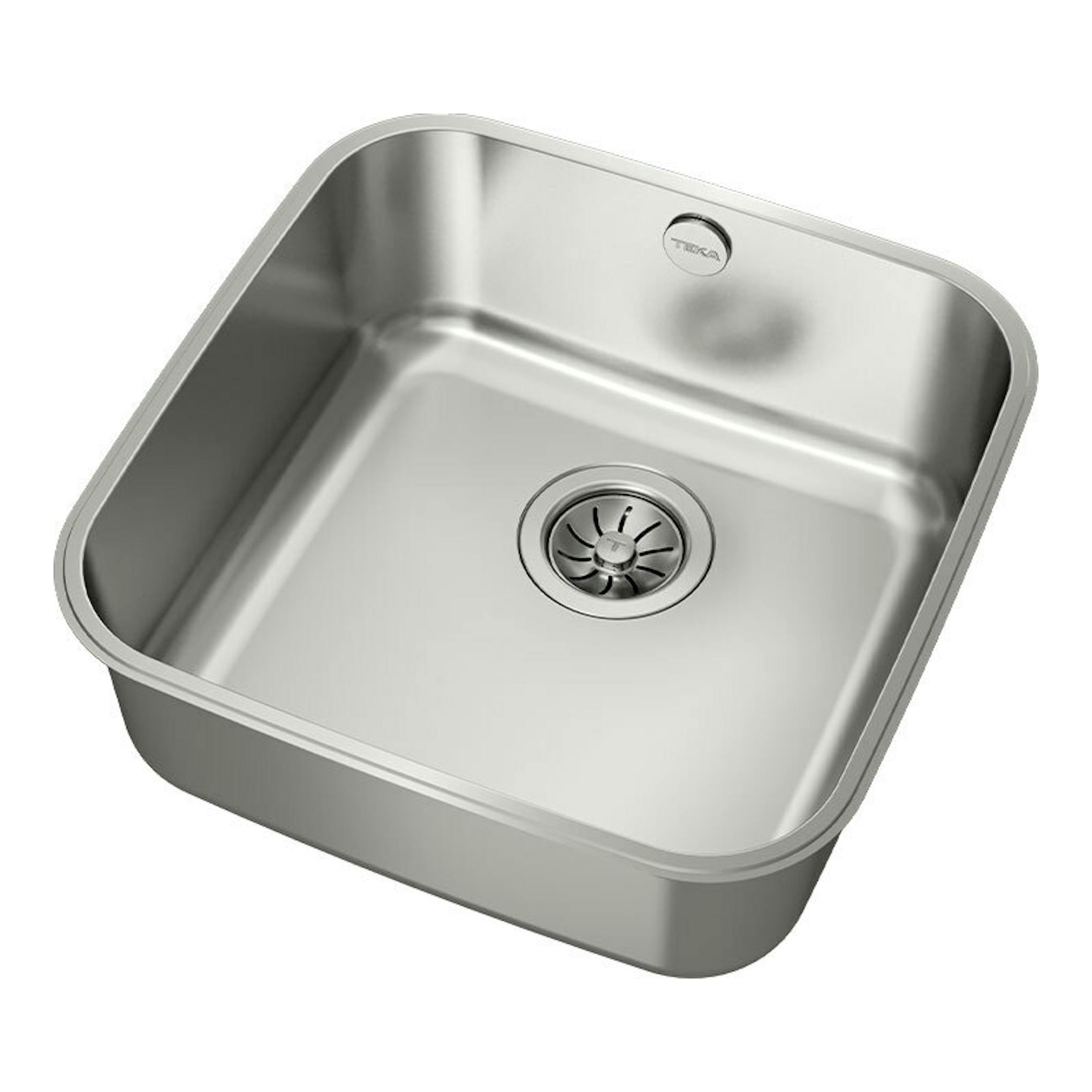 Fregadero Teka BE 40.40 inox, vista en ángulo, cubeta cuadrada de acero inoxidable con desagüe central.