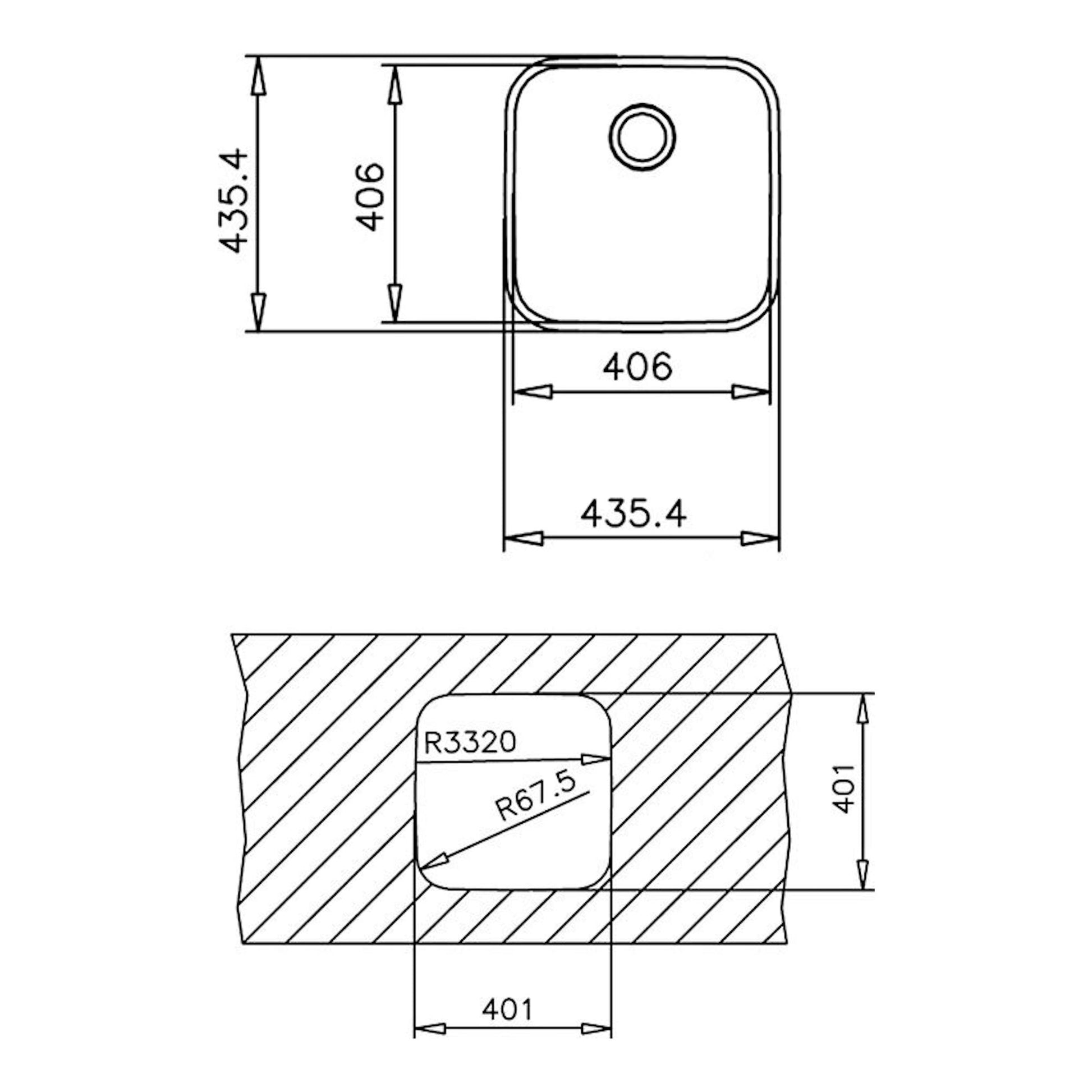Plano técnico del fregadero Teka BE 40.40 Plus, vista superior y corte, con medidas 406 x 435,4 mm.