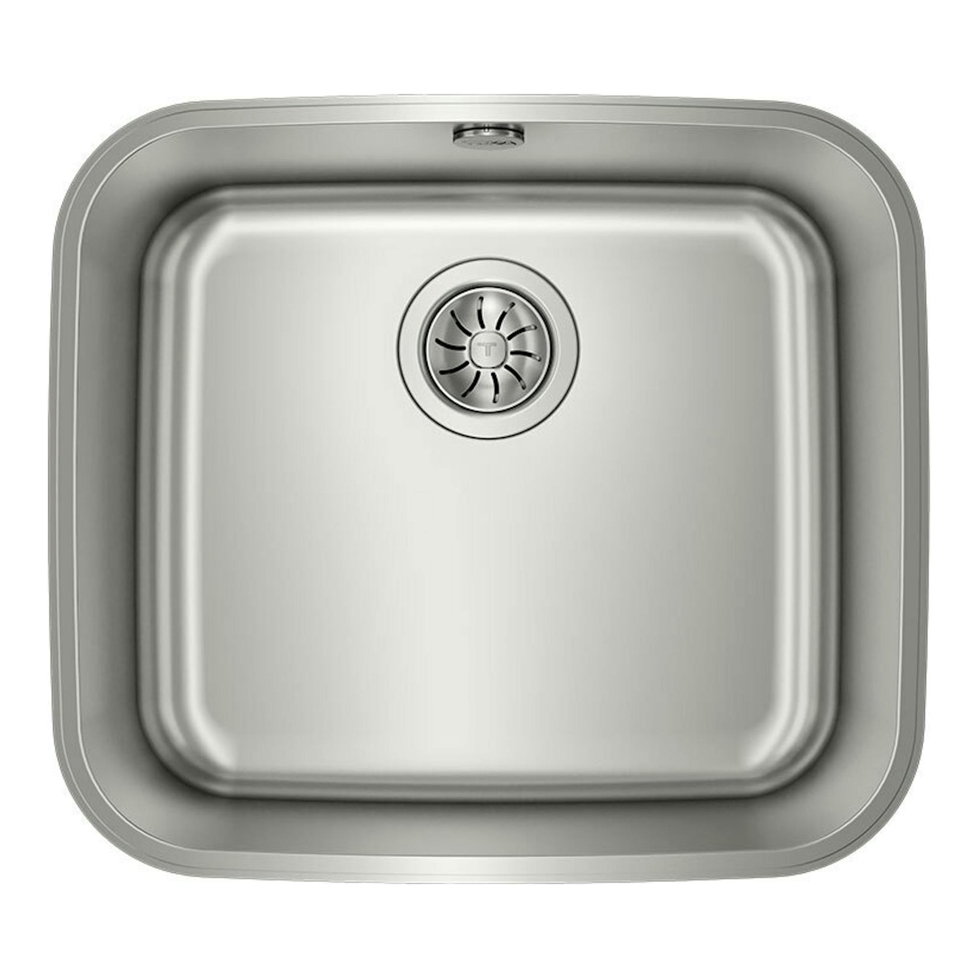 Fregadero Teka BE 45.40 de acero inoxidable, vista superior, cubeta cuadrada con desagüe centrado.