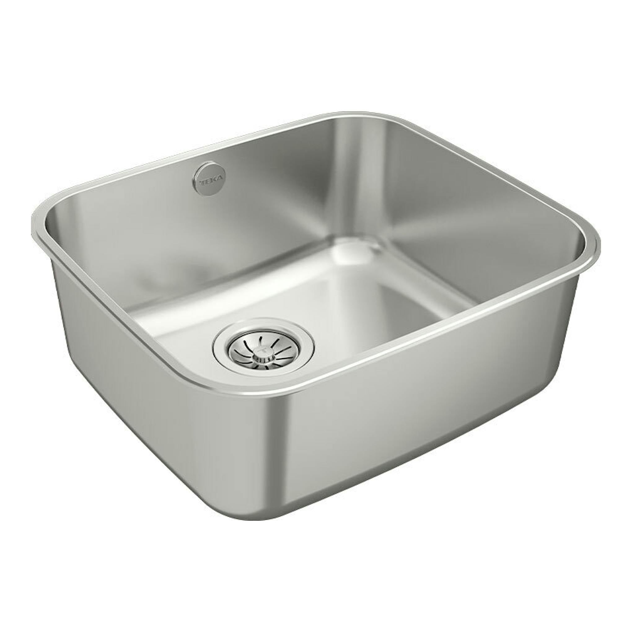 Fregadero Teka BE 45.40 de acero inoxidable, vista en perspectiva de una cubeta cuadrada con desagüe.