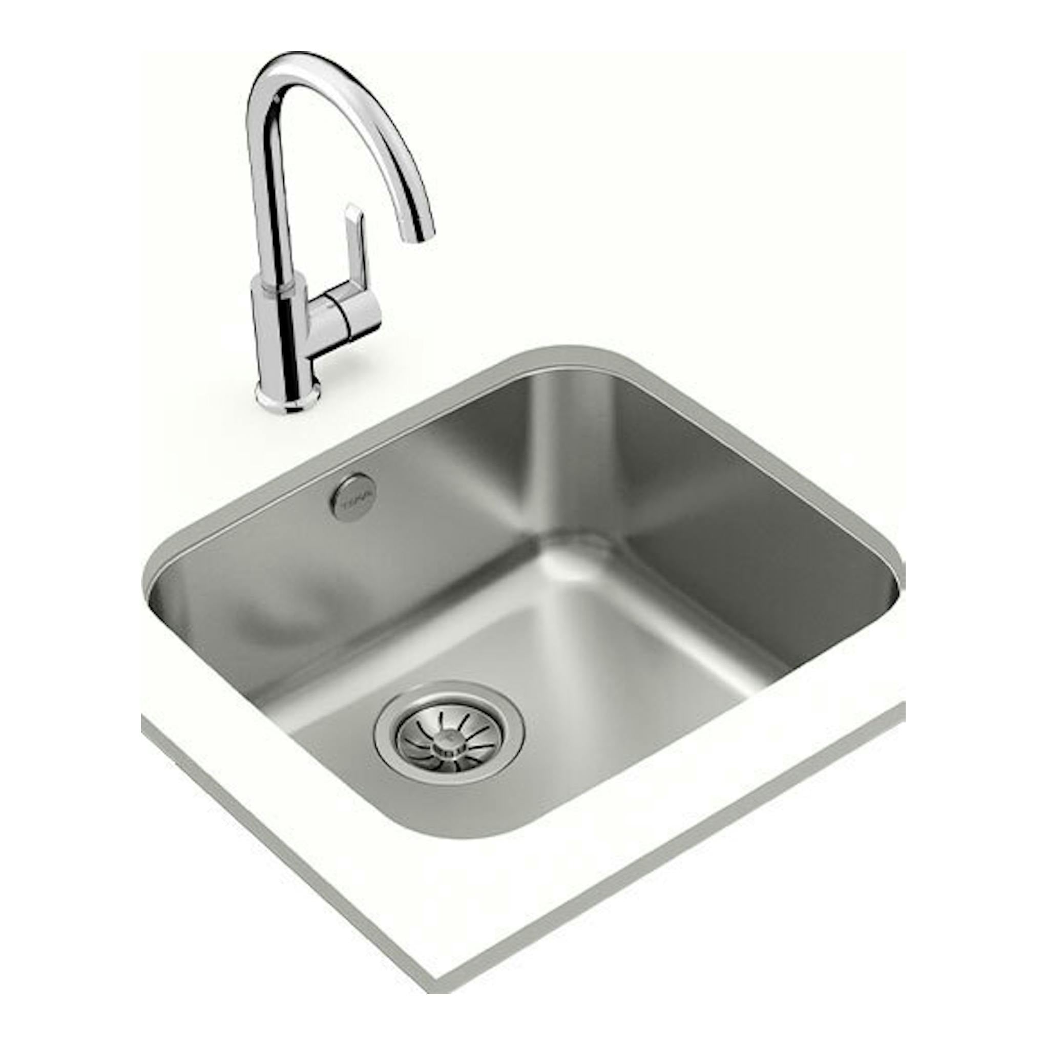 Fregadero Teka BE 45.40 de acero inoxidable, visto en ángulo, empotrado en encimera blanca, con grifo cromado.