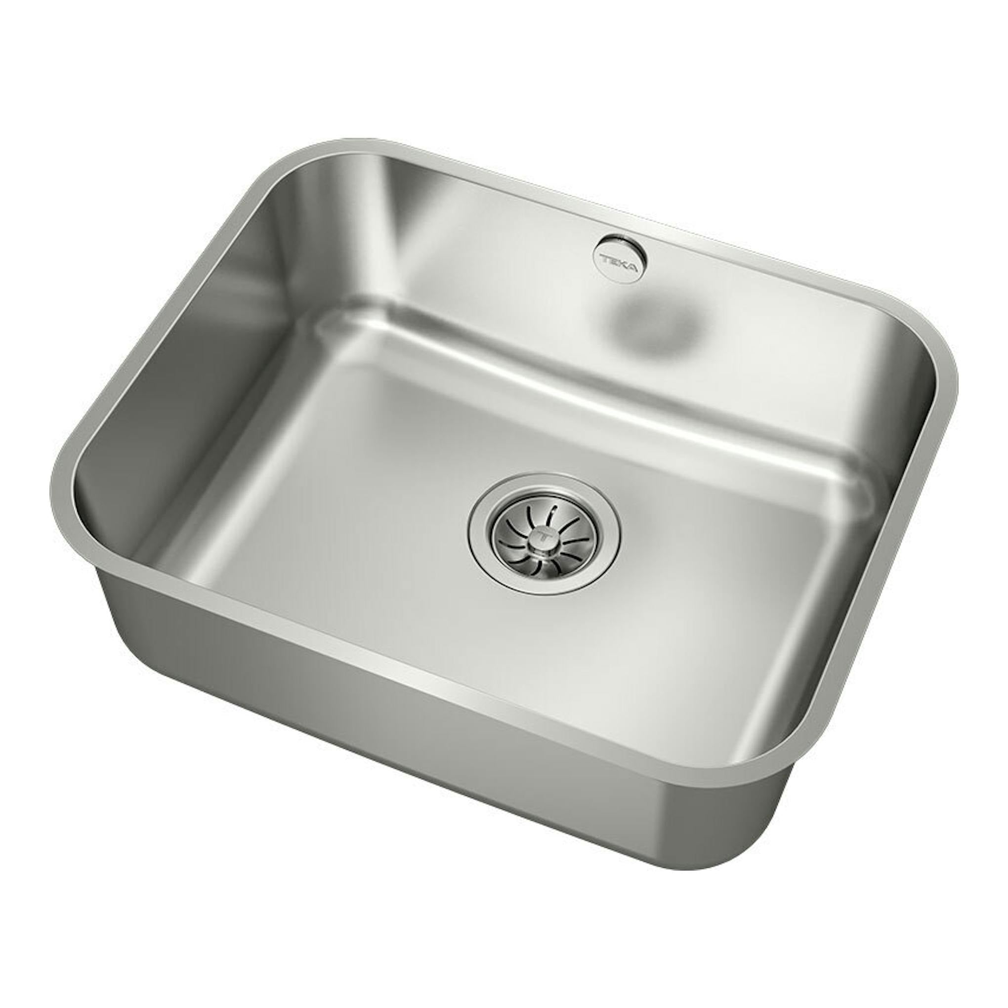 Fregadero Teka BE 50.40 PLUS de acero inoxidable, vista superior en ángulo, con desagüe central.