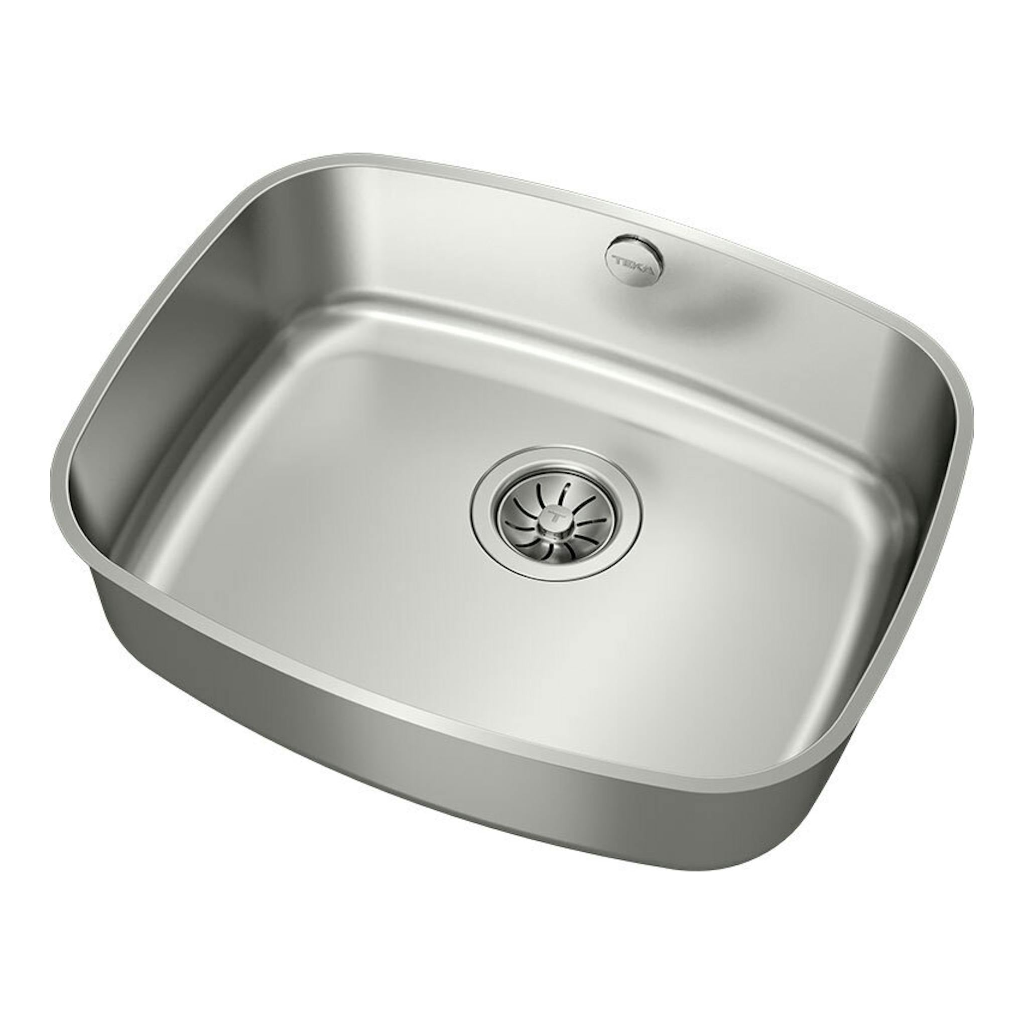 Fregadero Teka BE 50.40 Inox de acero inoxidable, vista superior inclinada, con cubeta y desagüe central.