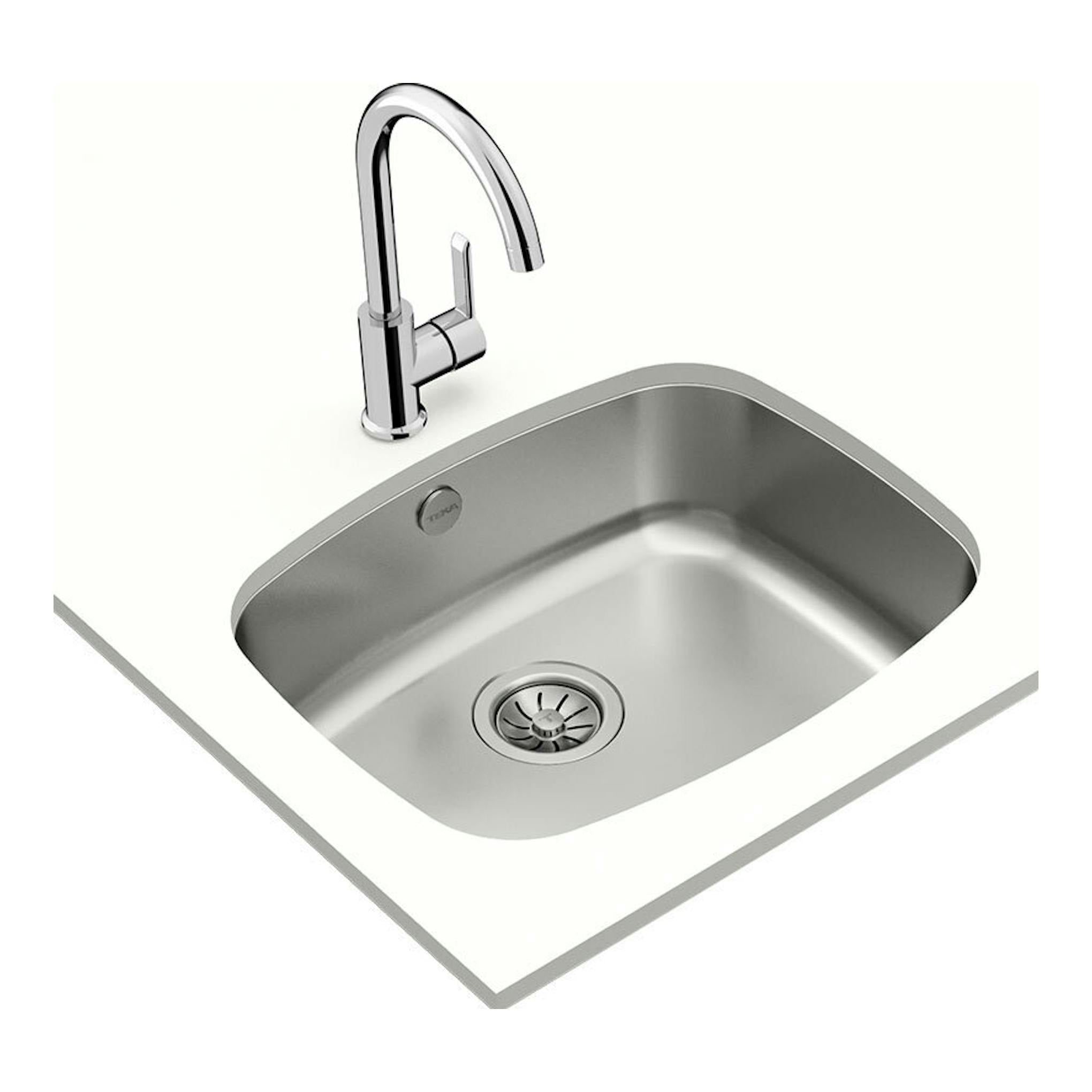 Fregadero Teka BE 50.40 inox de un seno, vista cenital, con grifo cromado.