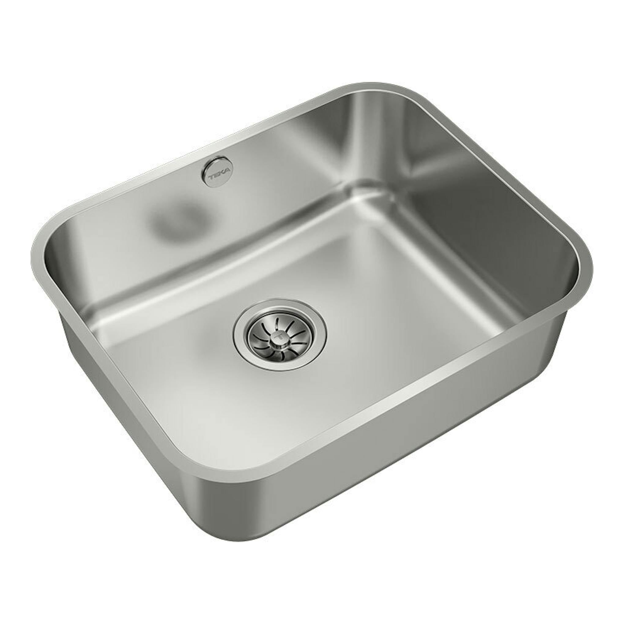 Fregadero Teka BE 50.40 PLUS de acero inoxidable, vista en perspectiva, con cubeta rectangular y desagüe.