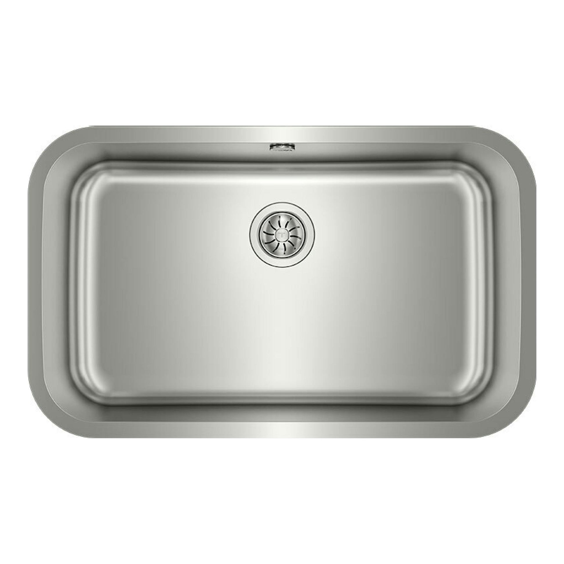 Fregadero Teka BE 74.43 de acero inoxidable, vista superior, cubeta rectangular con desagüe central.