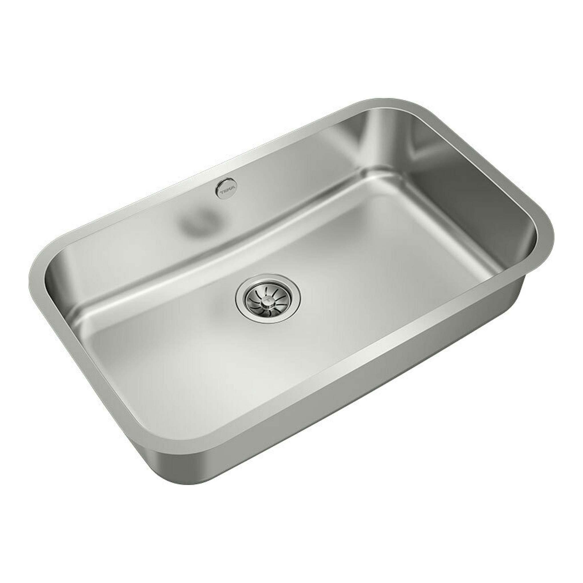 Fregadero Teka BE 74.43 de acero inoxidable, vista superior en ángulo, con un seno y desagüe central.