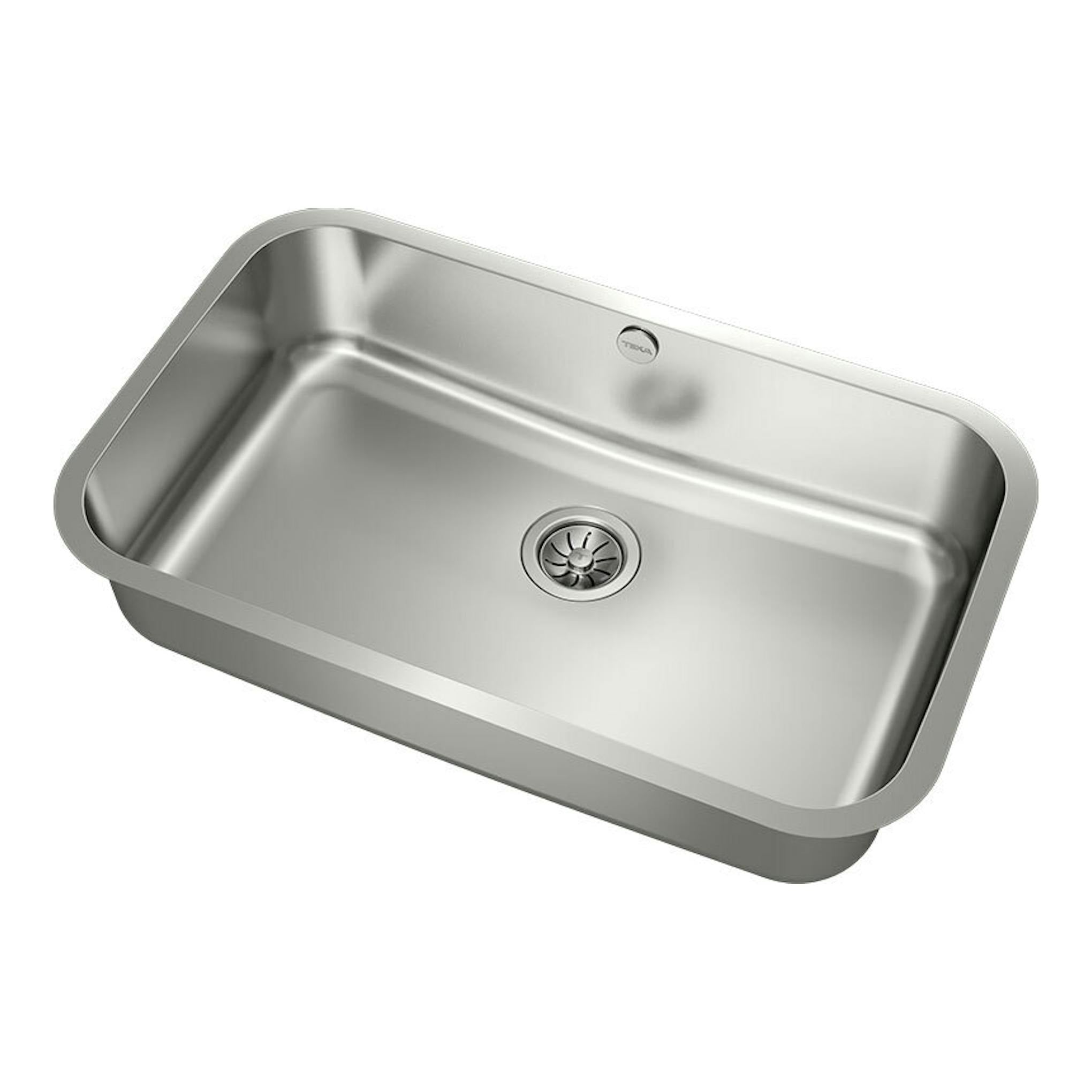 Fregadero Teka BE 74.43 de acero inoxidable, vista en ángulo, con una cubeta rectangular y desagüe central.