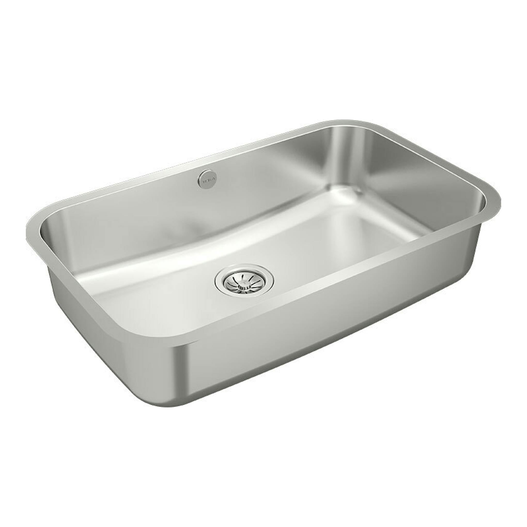 Fregadero Teka BE 74.43 de acero inoxidable, vista en ángulo superior, una cuba rectangular.