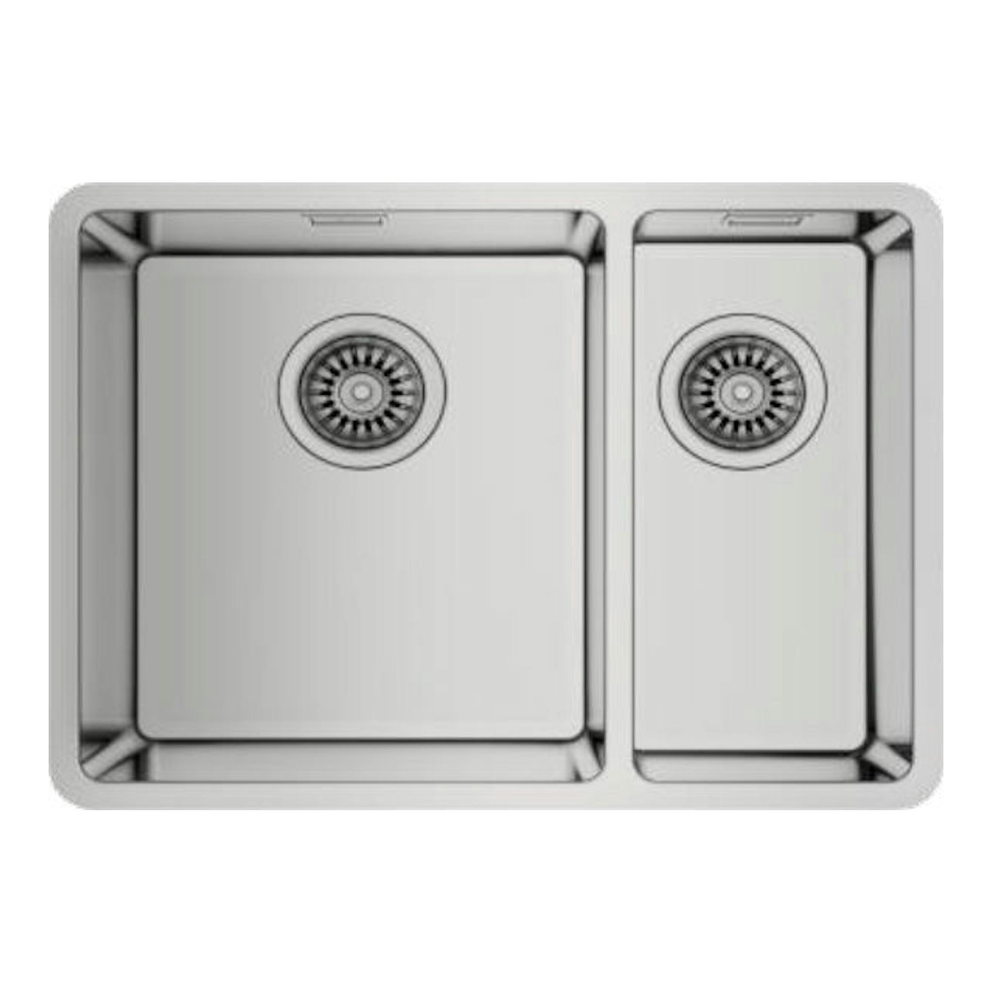 Fregadero Teka BE Linea RS15 2C 580 de acero inoxidable, vista superior, con dos senos de distinto tamaño.