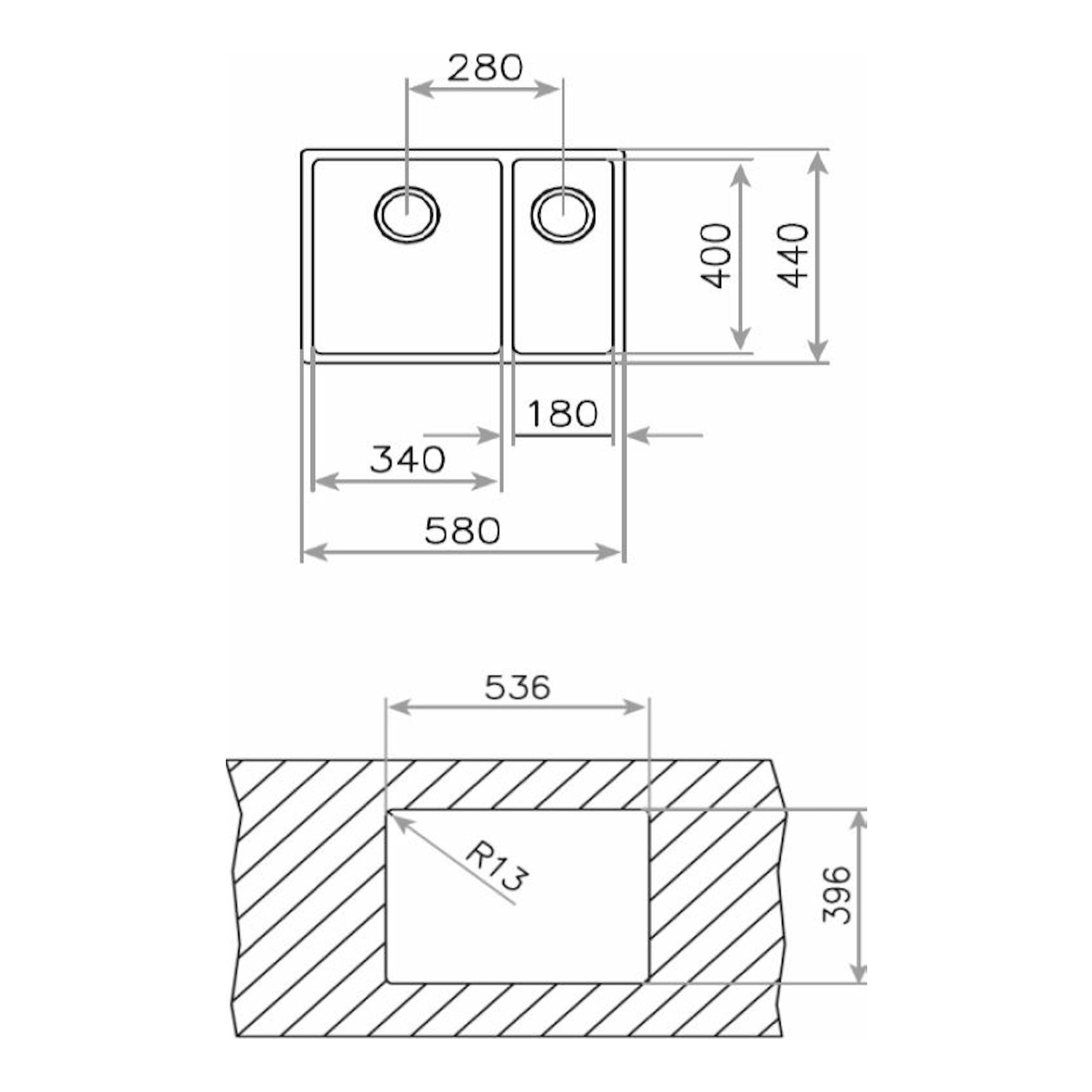 Plano técnico en blanco y negro del fregadero Teka BE Linea RS15 2C 580, vista superior y sección con medidas.