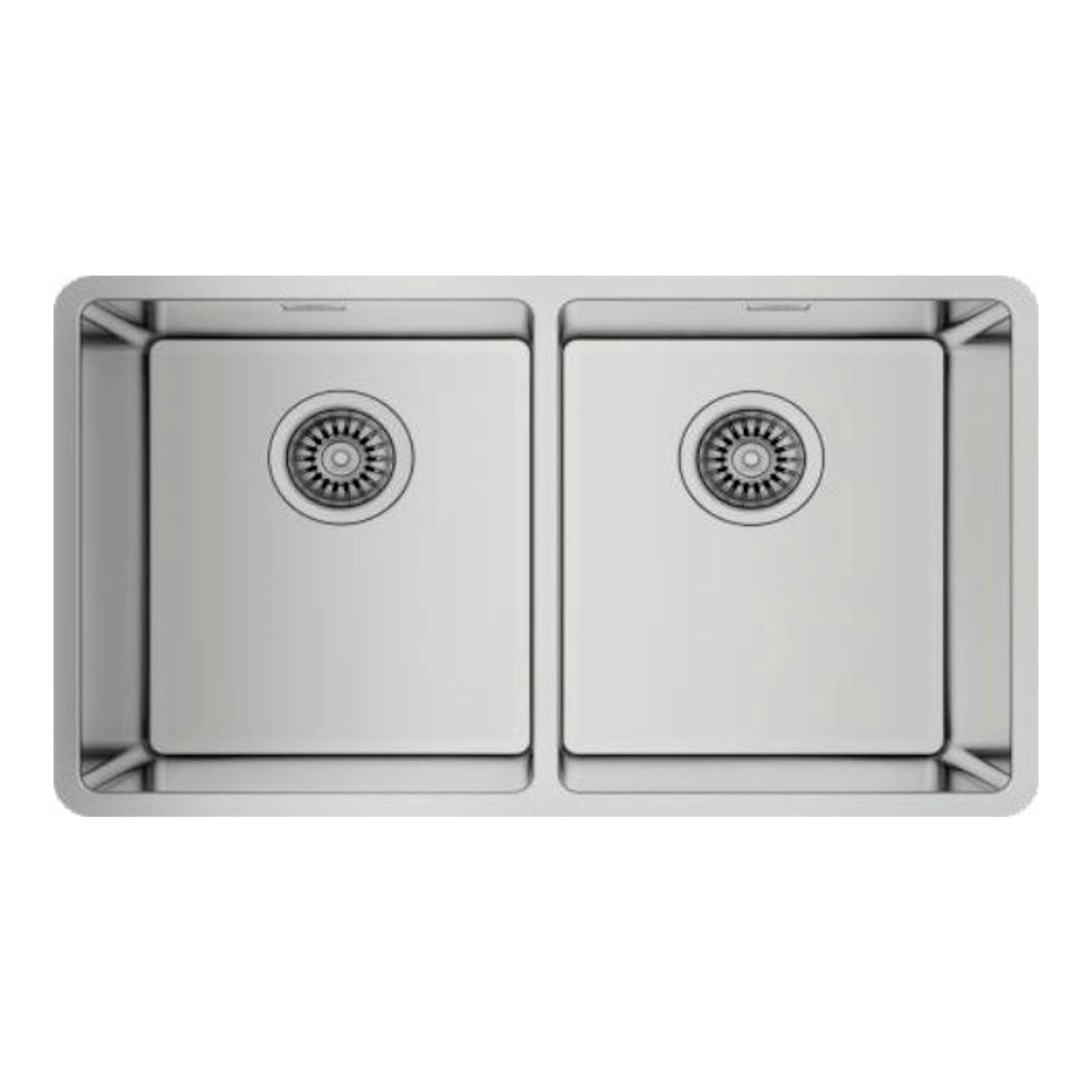Fregadero Teka BE Linea RS15 2C 740 de acero inoxidable, vista cenital, con dos senos y desagües circulares.