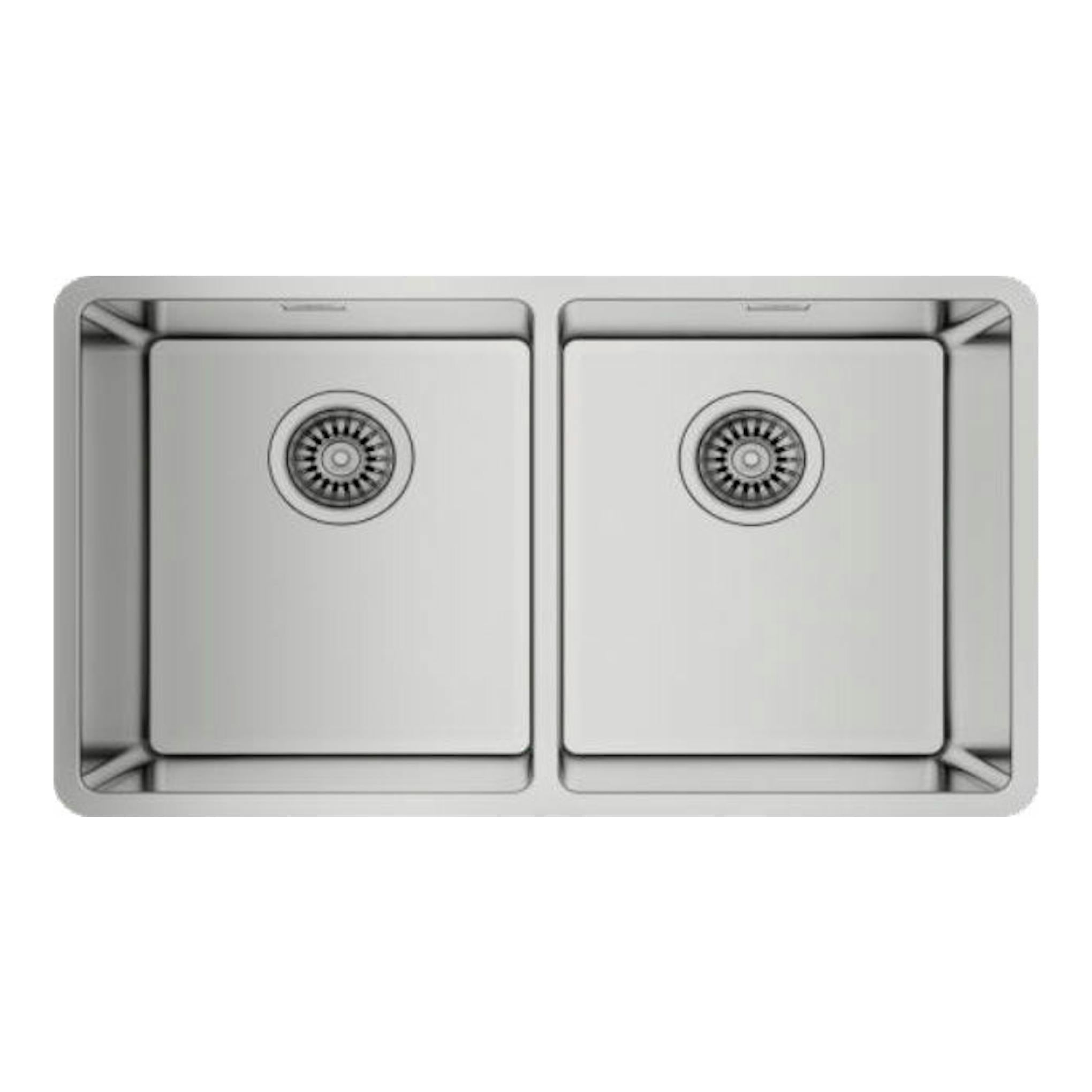 Fregadero Teka BE Linea RS15 2C 740 de acero inoxidable, vista cenital, con dos senos y desagües circulares.