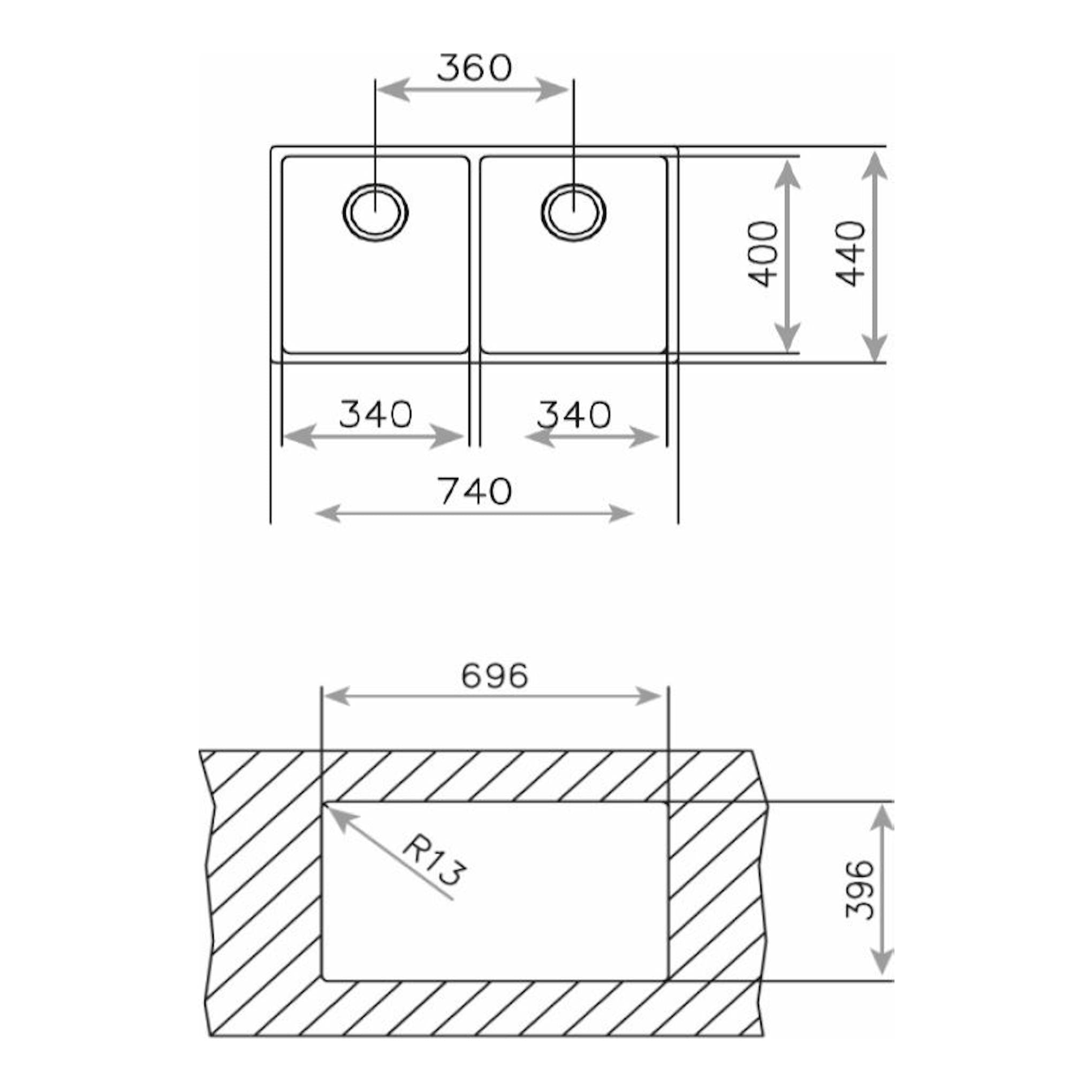 Teka BE Linea RS15 2C 740: esquema técnico de fregadero doble, vista superior y sección con cotas.