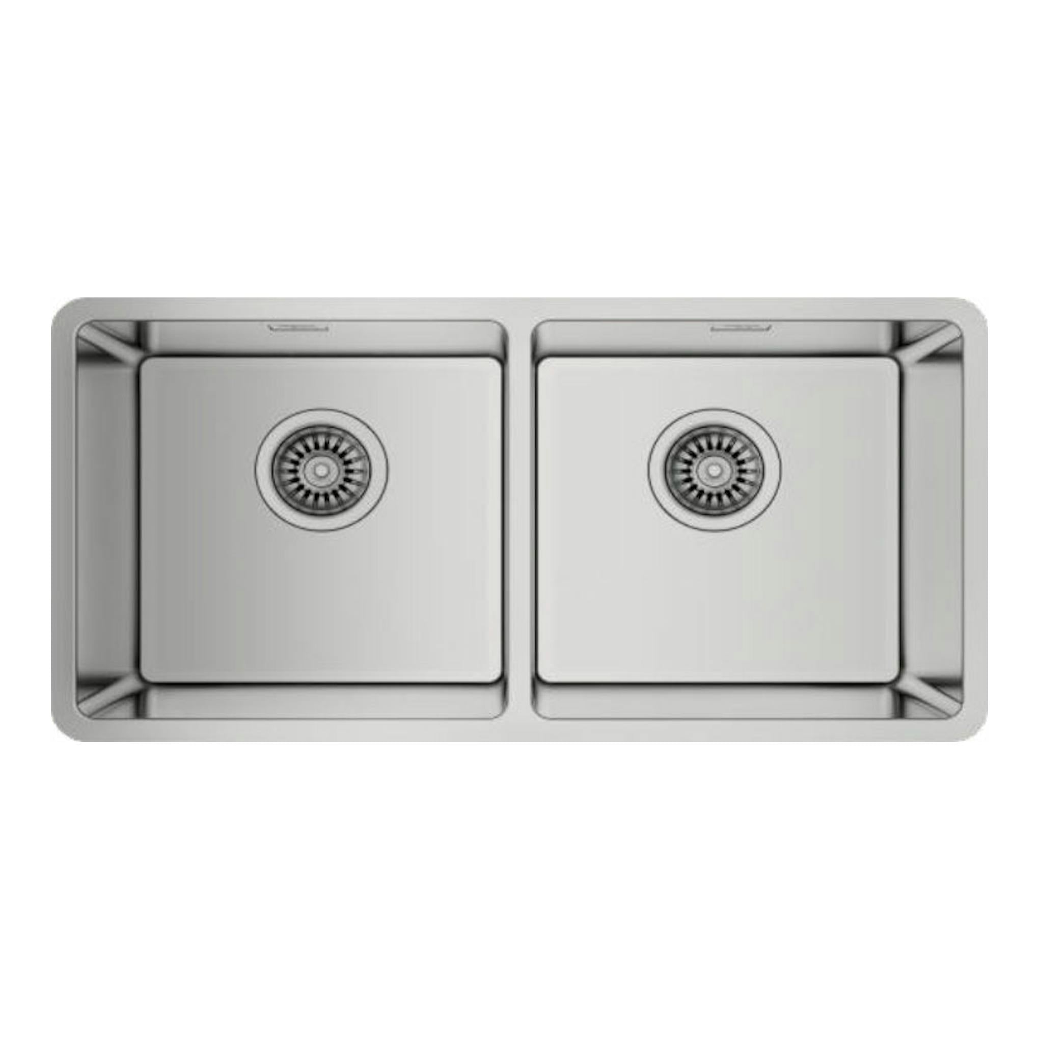 Fregadero Teka BE Linea RS15 2C 860 de acero inoxidable, vista superior, con dos senos y desagües circulares.