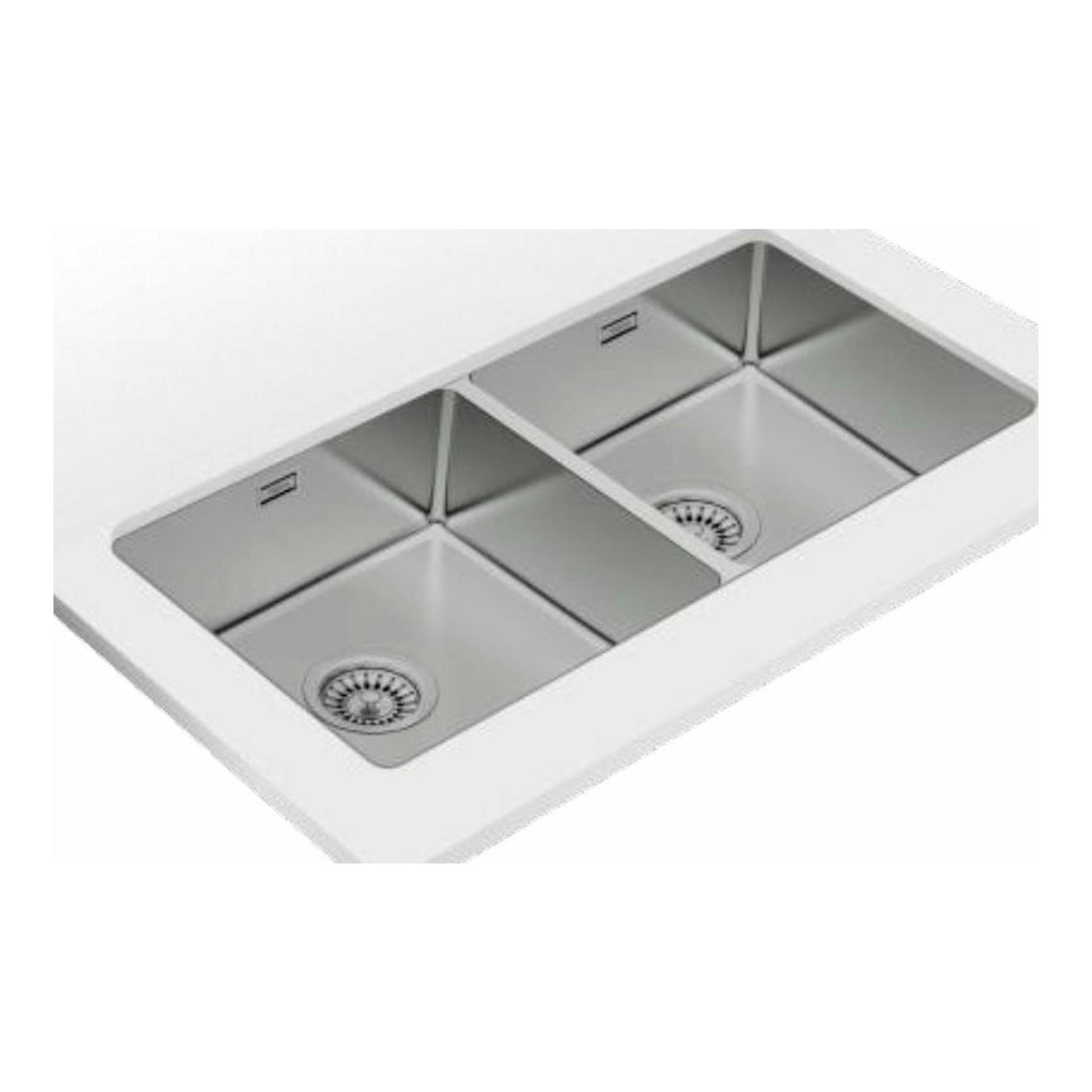 Fregadero Teka BE Linea RS15 2C 860 de acero inoxidable, doble seno, vista cenital en ángulo.