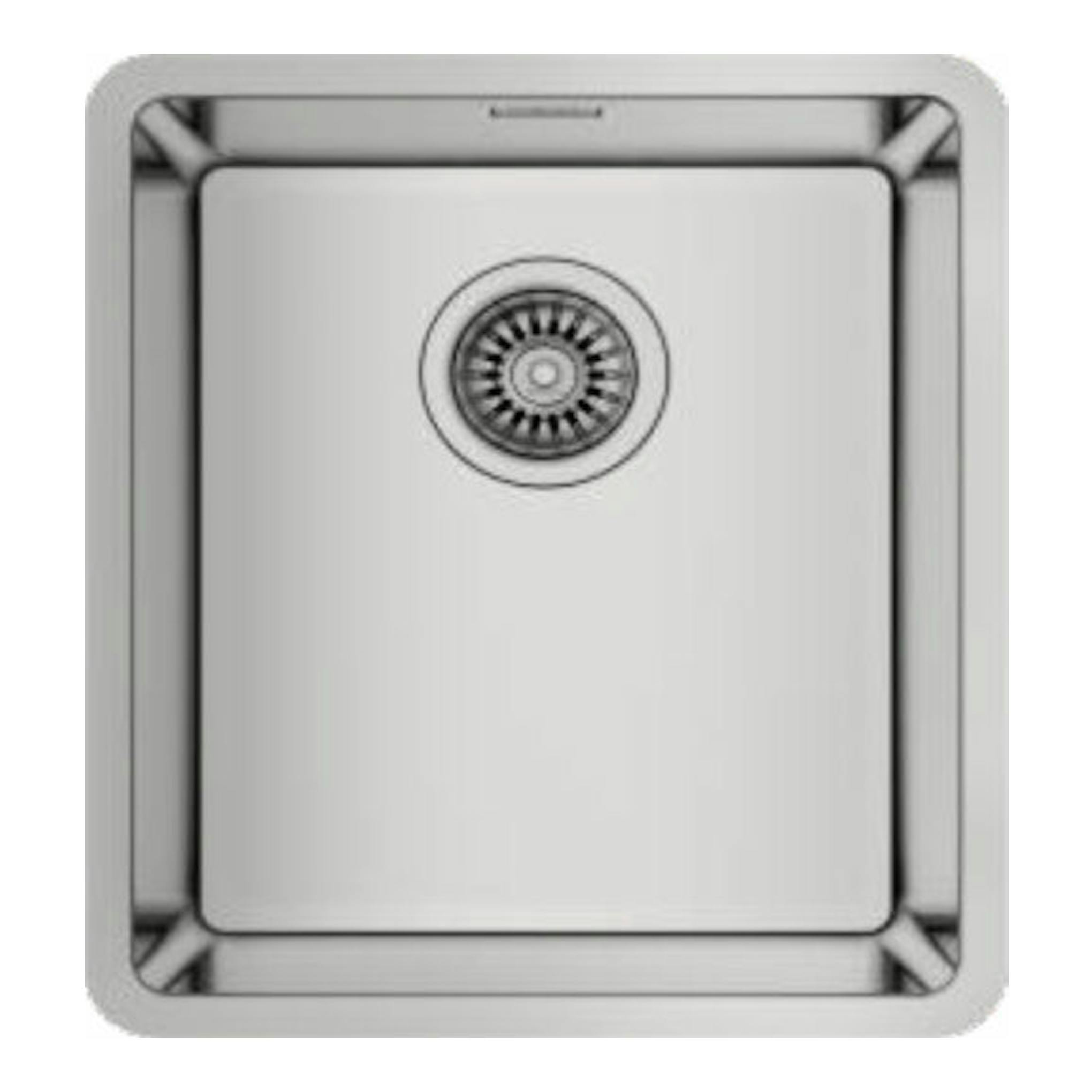 Fregadero Teka BE Linea RS15 34.40 de acero inoxidable, vista superior, cubeta cuadrada con desagüe centrado.