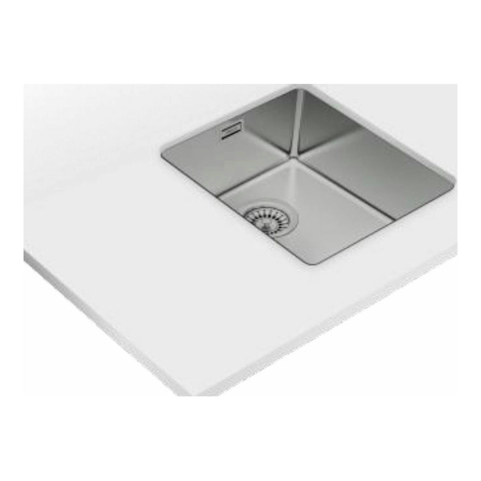Fregadero Teka BE Linea RS15 34.40 de acero inoxidable, vista superior, encastrado en encimera blanca.