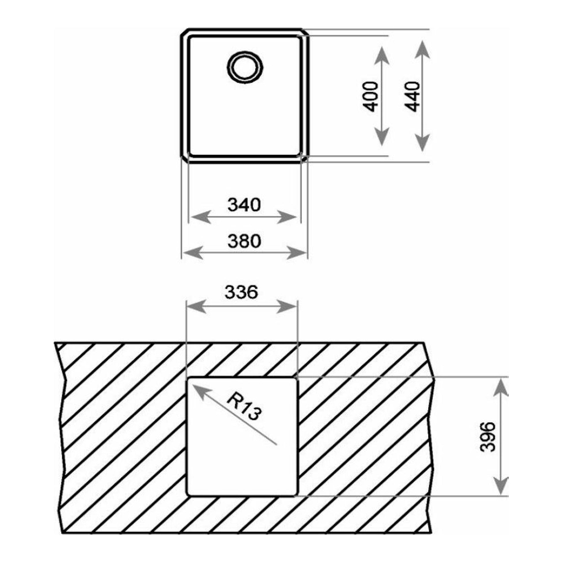 Dibujo técnico en blanco y negro del fregadero Teka BE Linea RS15 34.40, con medidas y recorte.