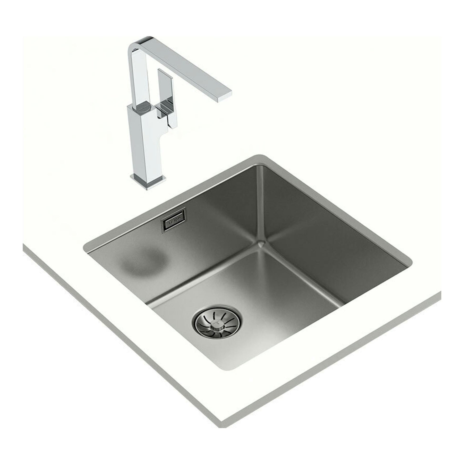 Fregadero Teka BE LINEA RS15 40.40 PureClean inox, vista superior con grifo, acero inoxidable.