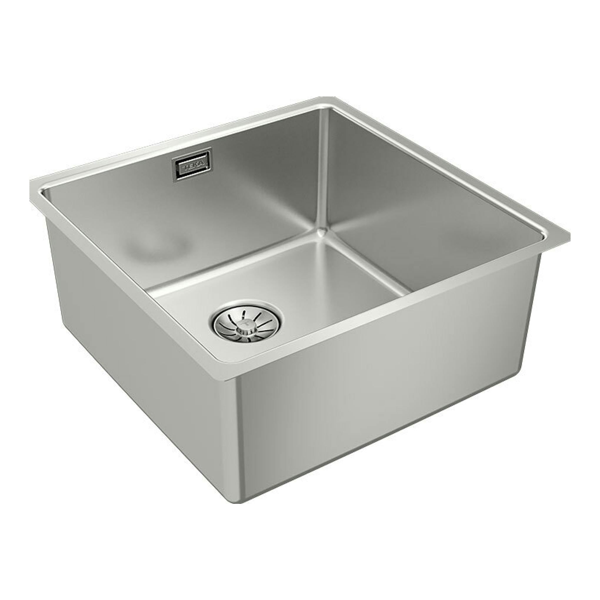 Fregadero Teka BE LINEA RS15 40.40 PureClean inox, vista en ángulo, cubeta cuadrada de acero inoxidable.