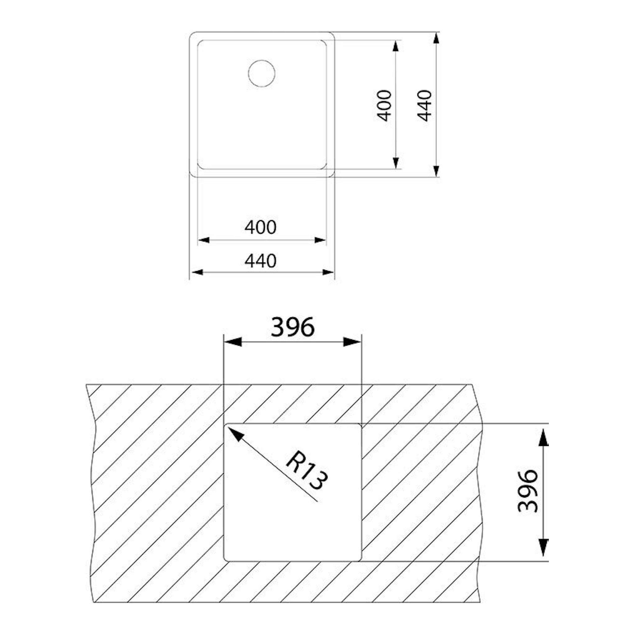 Dibujo técnico del fregadero Teka BE LINEA RS15 40.40 PureClean Inox, vista superior y sección con medidas.