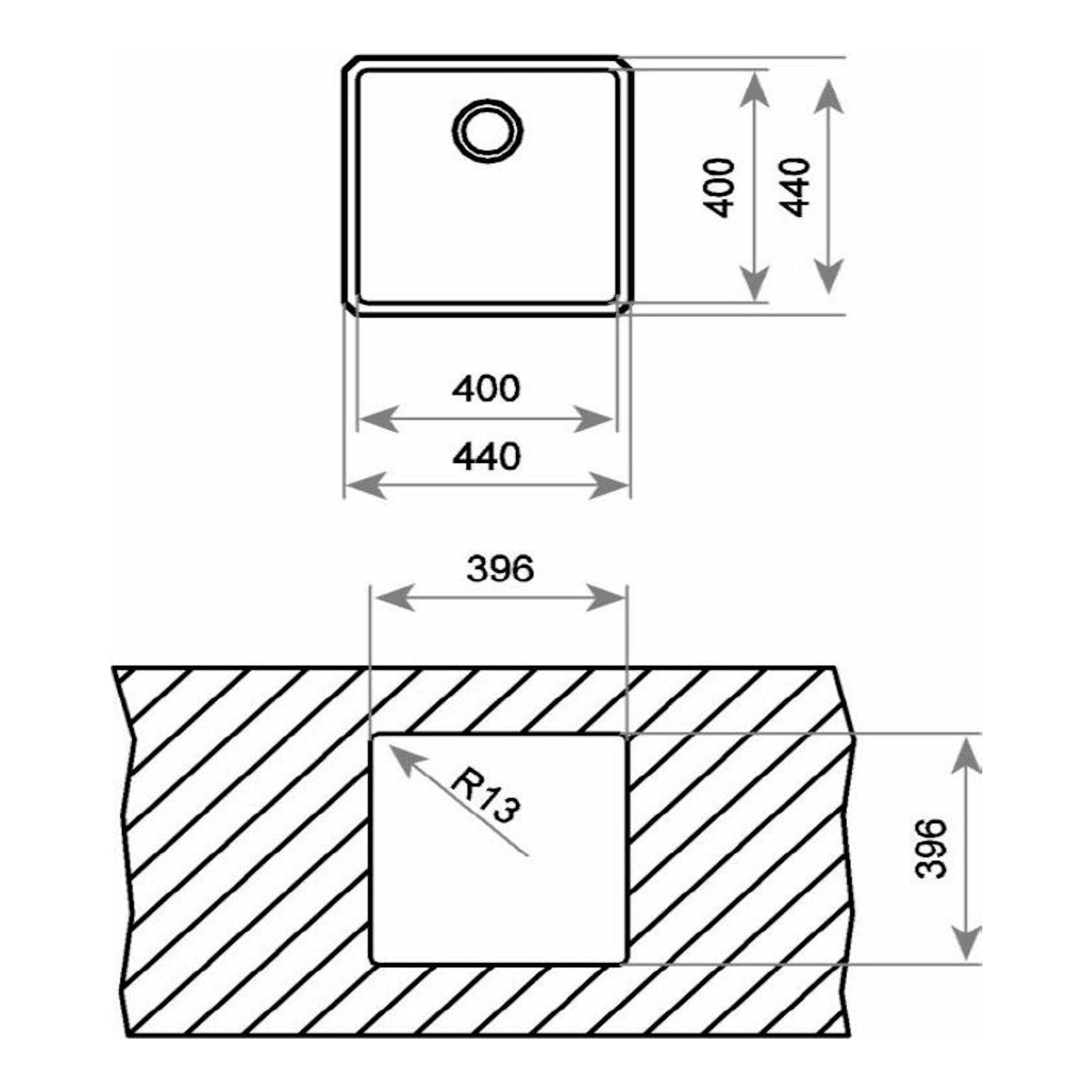 Esquema técnico del fregadero Teka BE Linea RS15 40.40, vista superior y sección con medidas 400x440 mm.