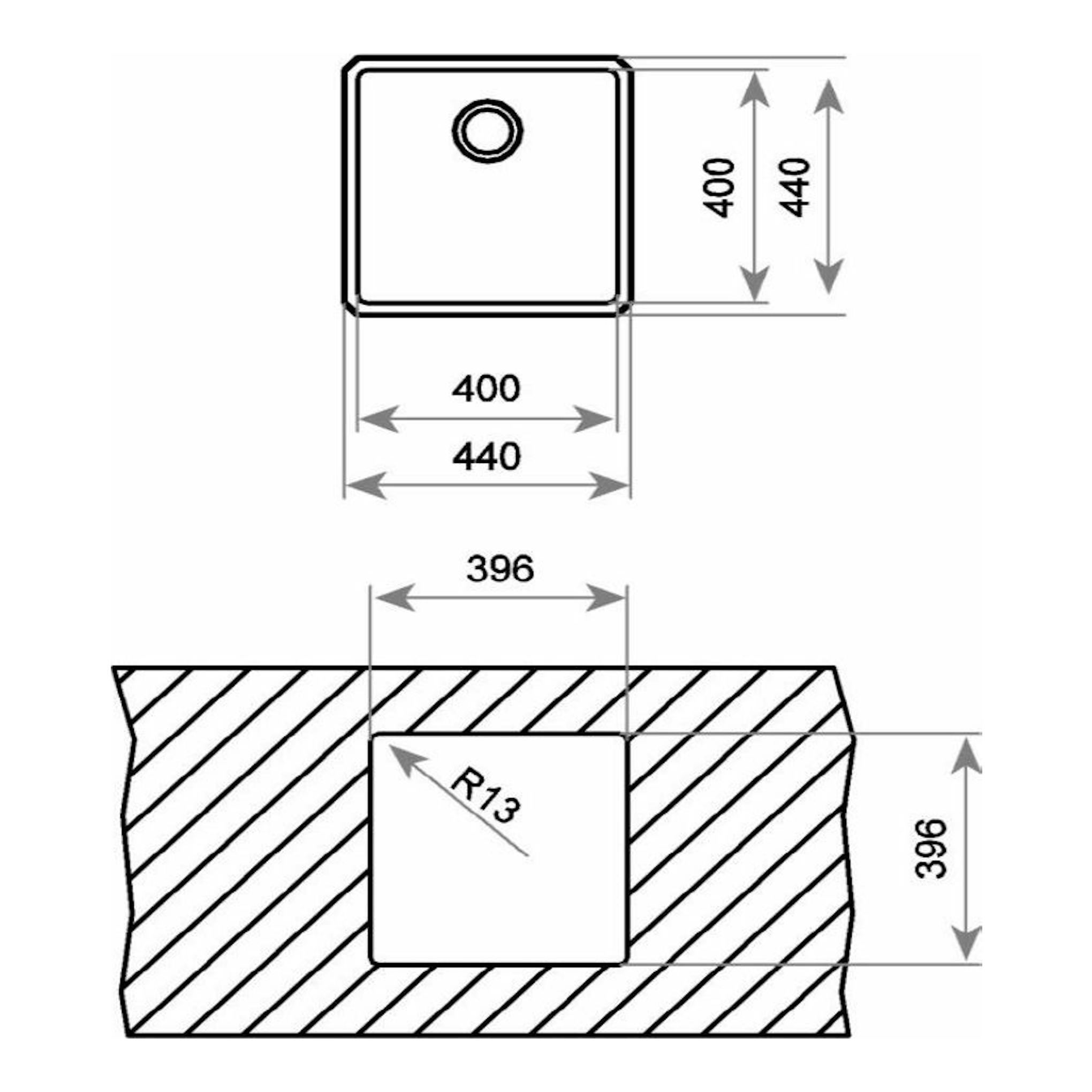 Esquema técnico del fregadero Teka BE Linea RS15 40.40, vista superior y sección con medidas 400x440 mm.