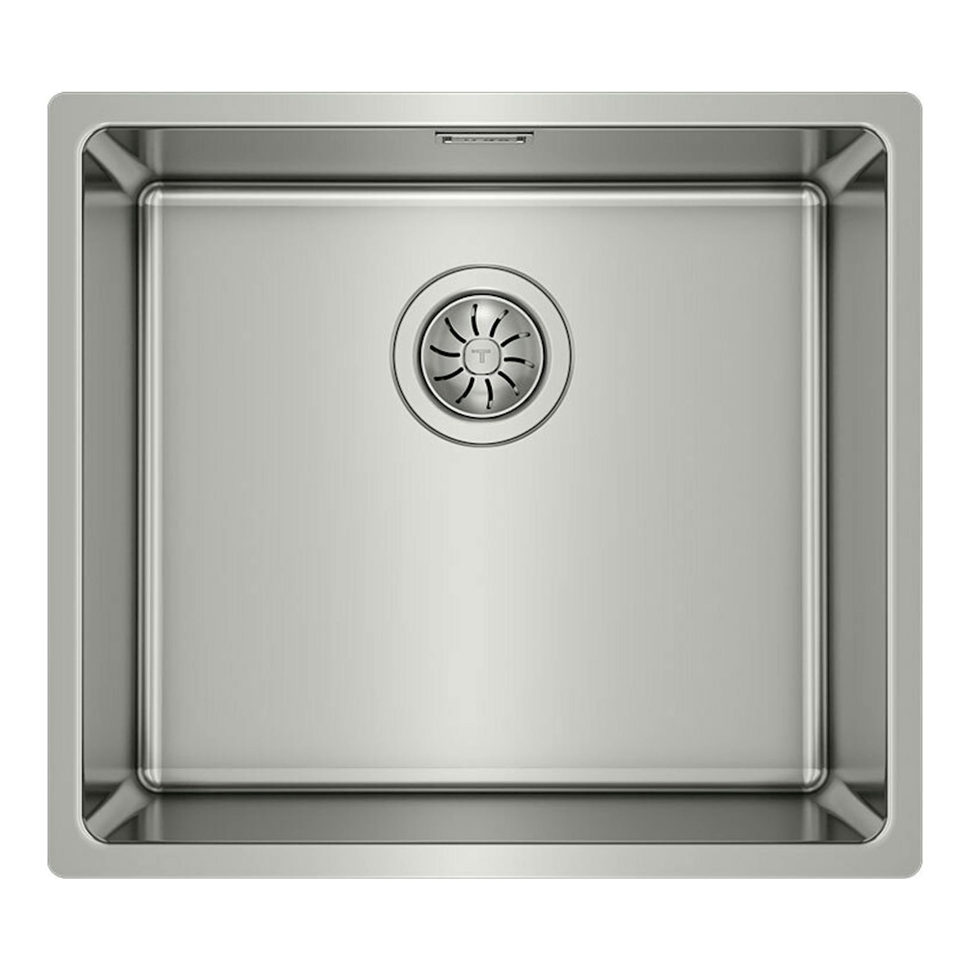 Fregadero Teka BE Linea RS15 45.40 de acero inoxidable, vista superior, cubeta cuadrada con desagüe central.