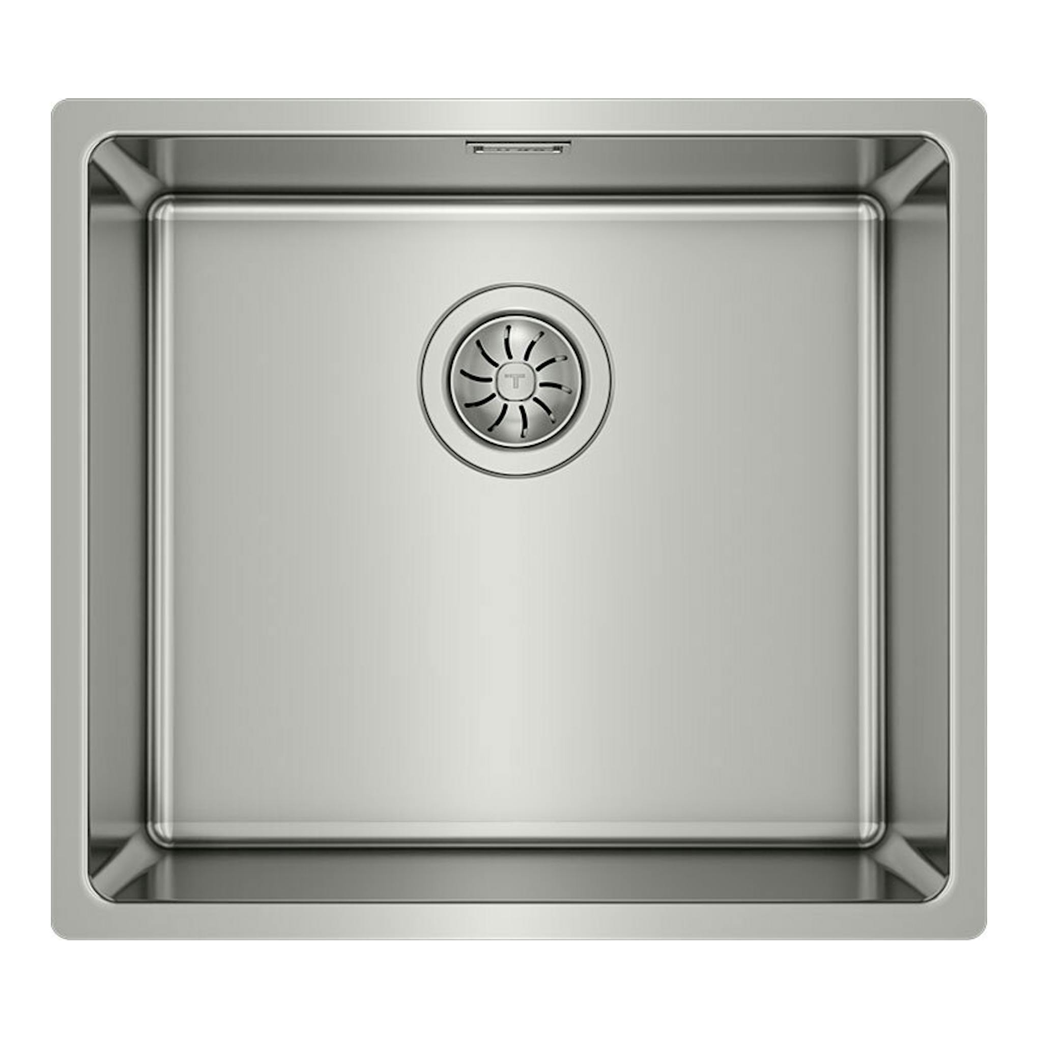 Fregadero Teka BE Linea RS15 45.40 de acero inoxidable, vista superior, cubeta cuadrada con desagüe central.