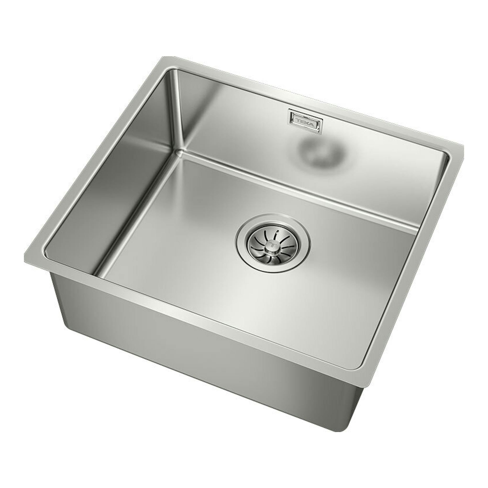 Fregadero Teka BE Linea RS15 45.40 de acero inoxidable, vista superior en ángulo, con un seno y desagüe.