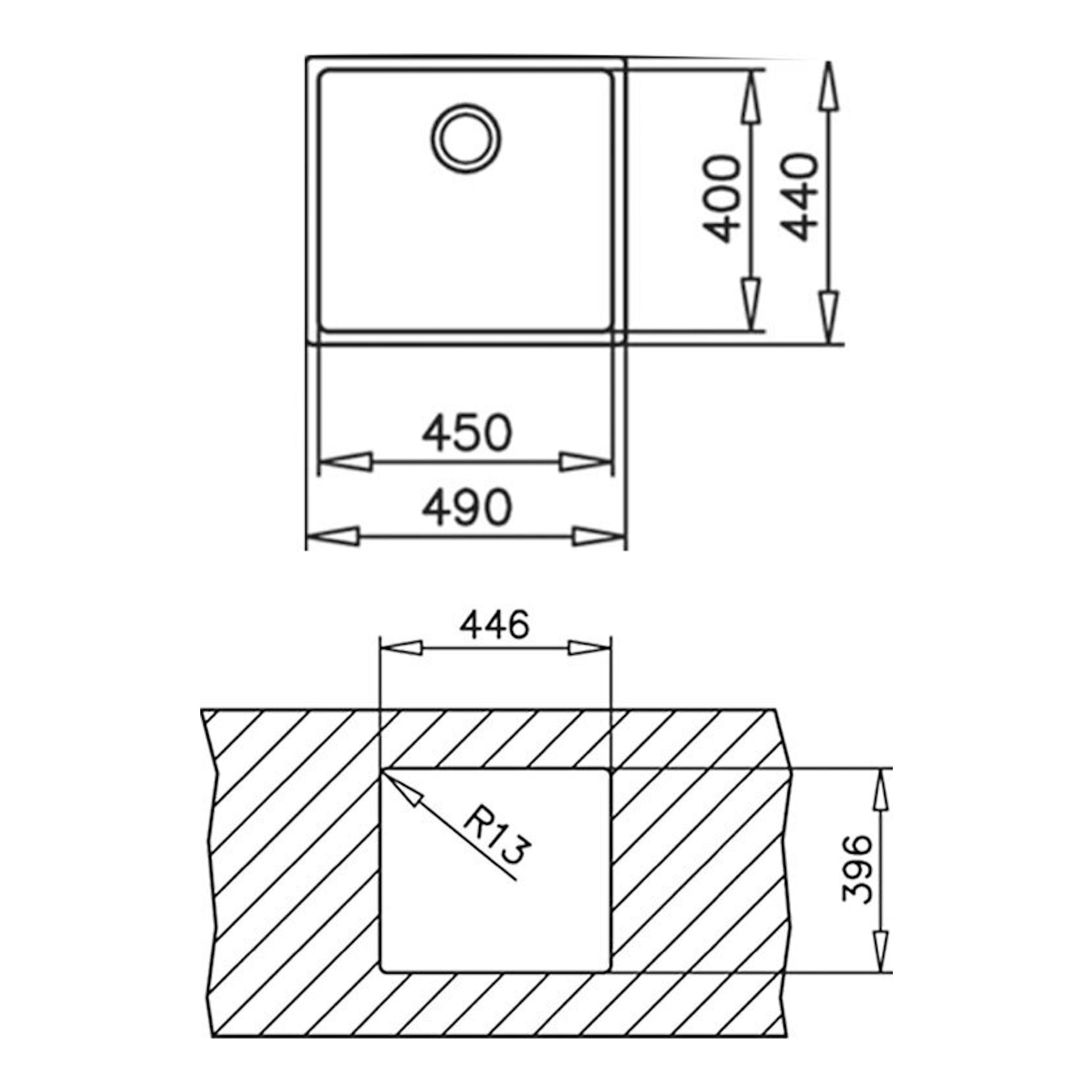 Plano técnico en blanco y negro del fregadero Teka BE Linea RS15 45.40, vista superior y sección con medidas.