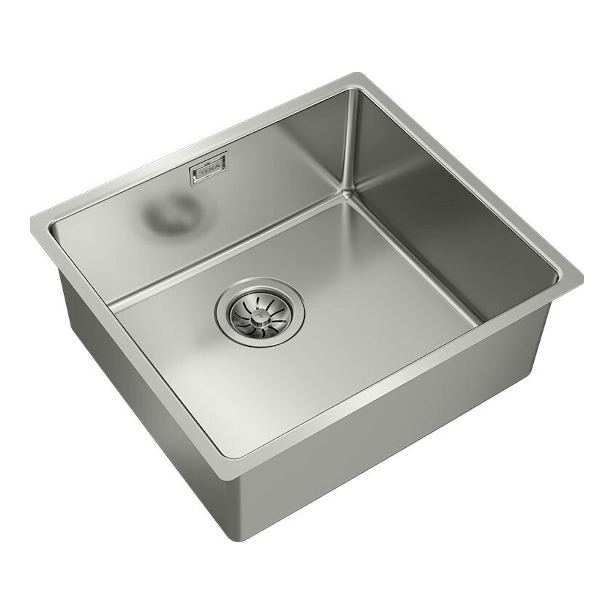 Fregadero Teka BE Linea RS15 45.40 de acero inoxidable, vista superior oblicua, con desagüe centrado.