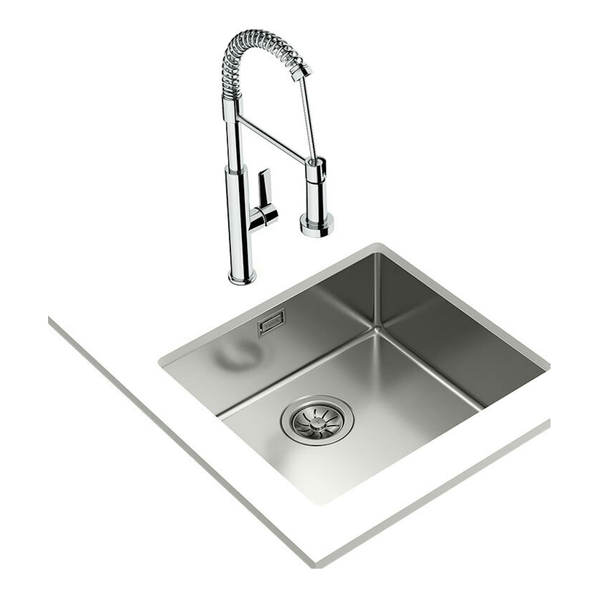 Fregadero Teka BE Linea RS15 45.40 de acero inoxidable, vista superior inclinada, con grifo cromado.