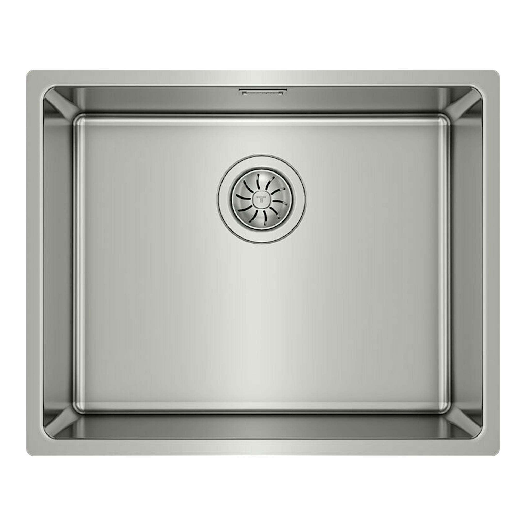 Fregadero Teka BE Linea RS15 50.40 de acero inoxidable, vista superior, cubeta cuadrada con desagüe central.