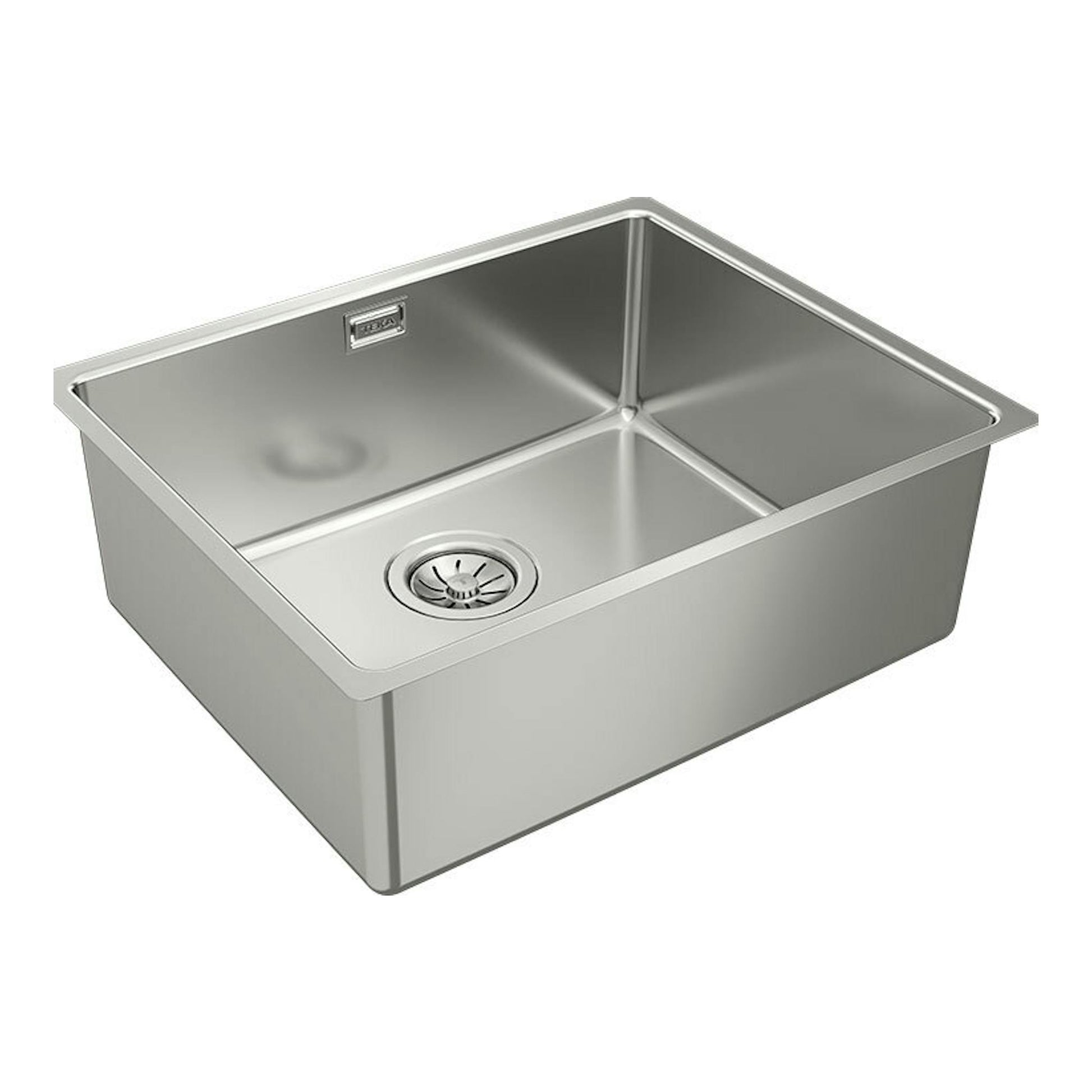 Fregadero Teka BE Linea RS15 50.40 de acero inoxidable, vista en perspectiva, con una cubeta y desagüe central.