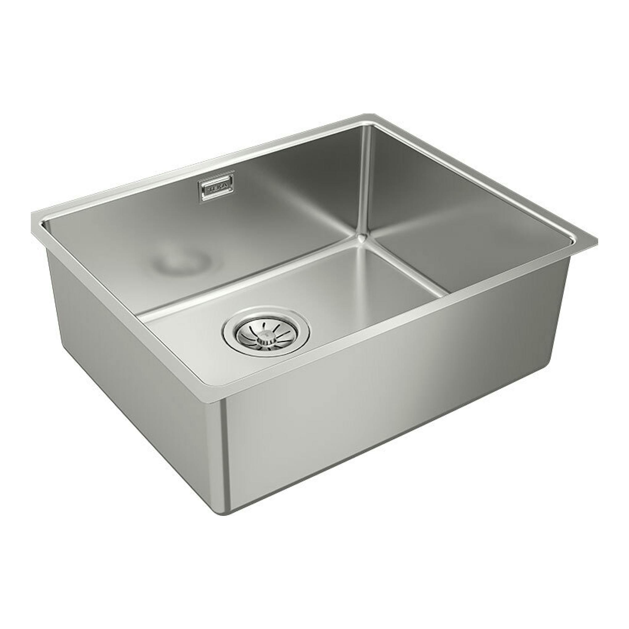 Fregadero Teka BE Linea RS15 50.40 de acero inoxidable, vista en perspectiva, con una cubeta y desagüe central.