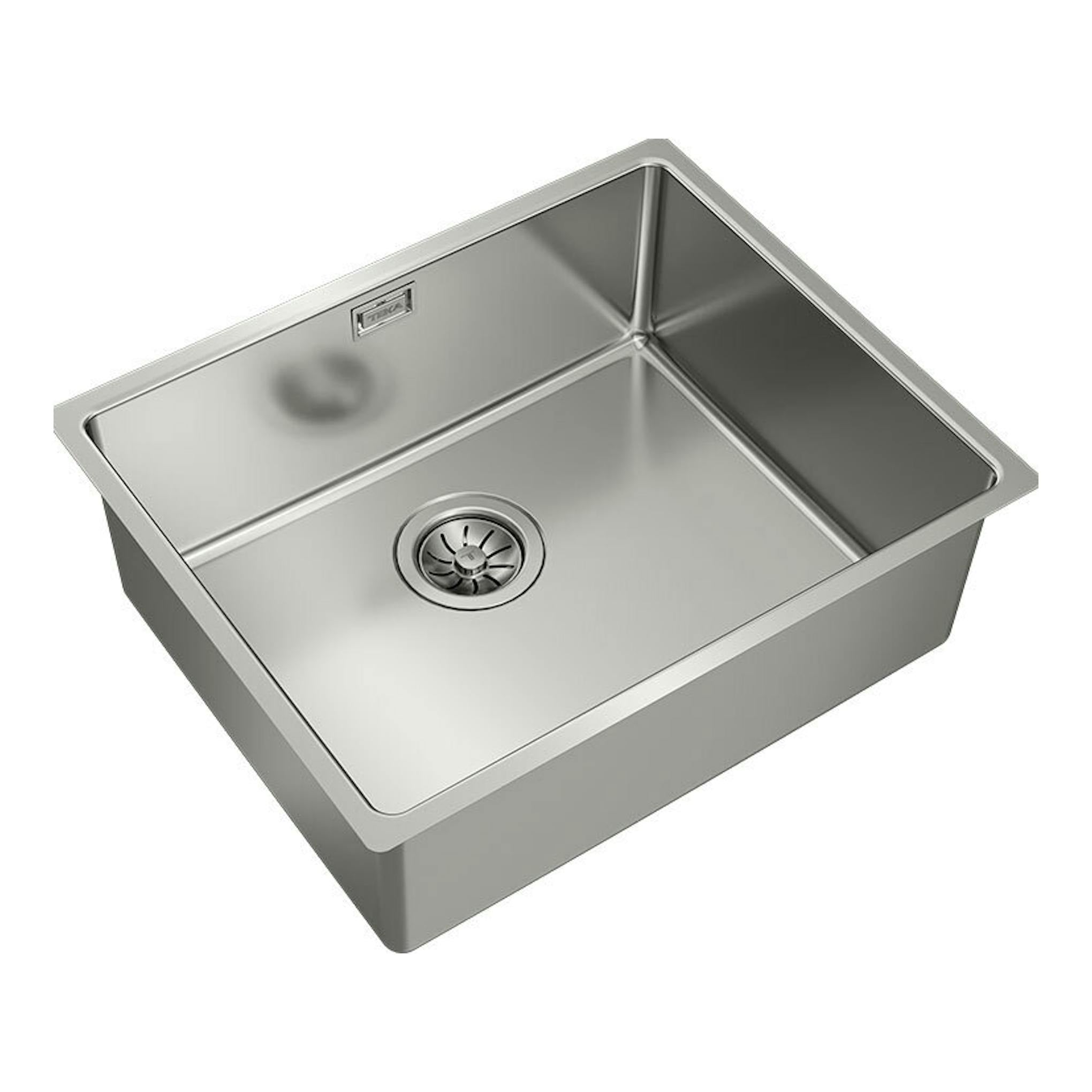 Fregadero Teka BE Linea RS15 50.40 de acero inoxidable, vista en ángulo, una cubeta con desagüe central.