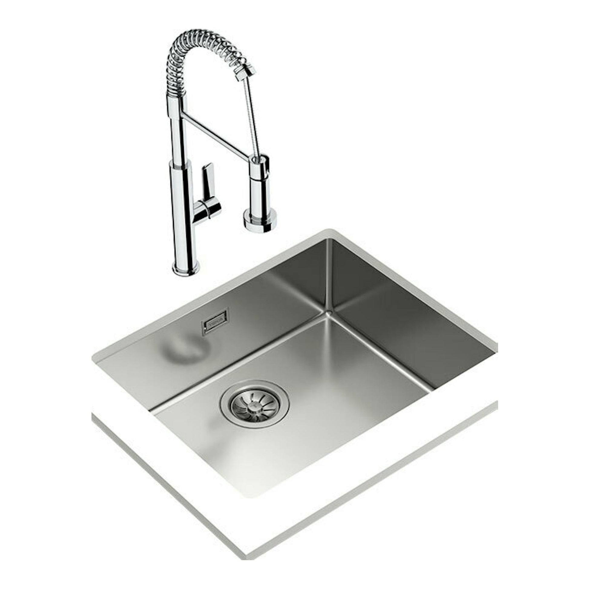 Fregadero Teka BE Linea RS15 50.40 de acero inoxidable, vista isométrica con grifo cromado.