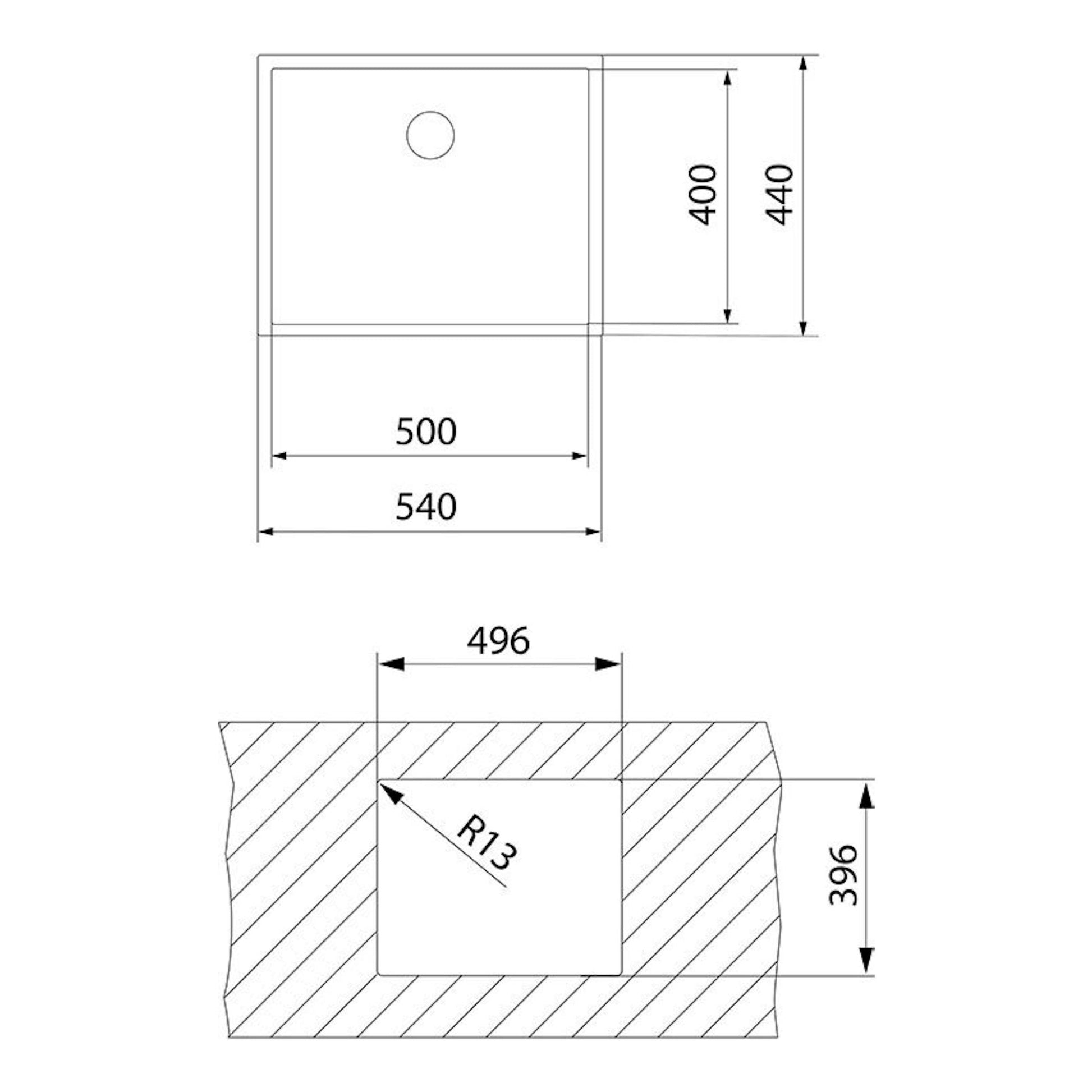 Plano técnico del fregadero Teka BE LINEA RS15 50.40 PureClean Inox, vista superior y sección con medidas.